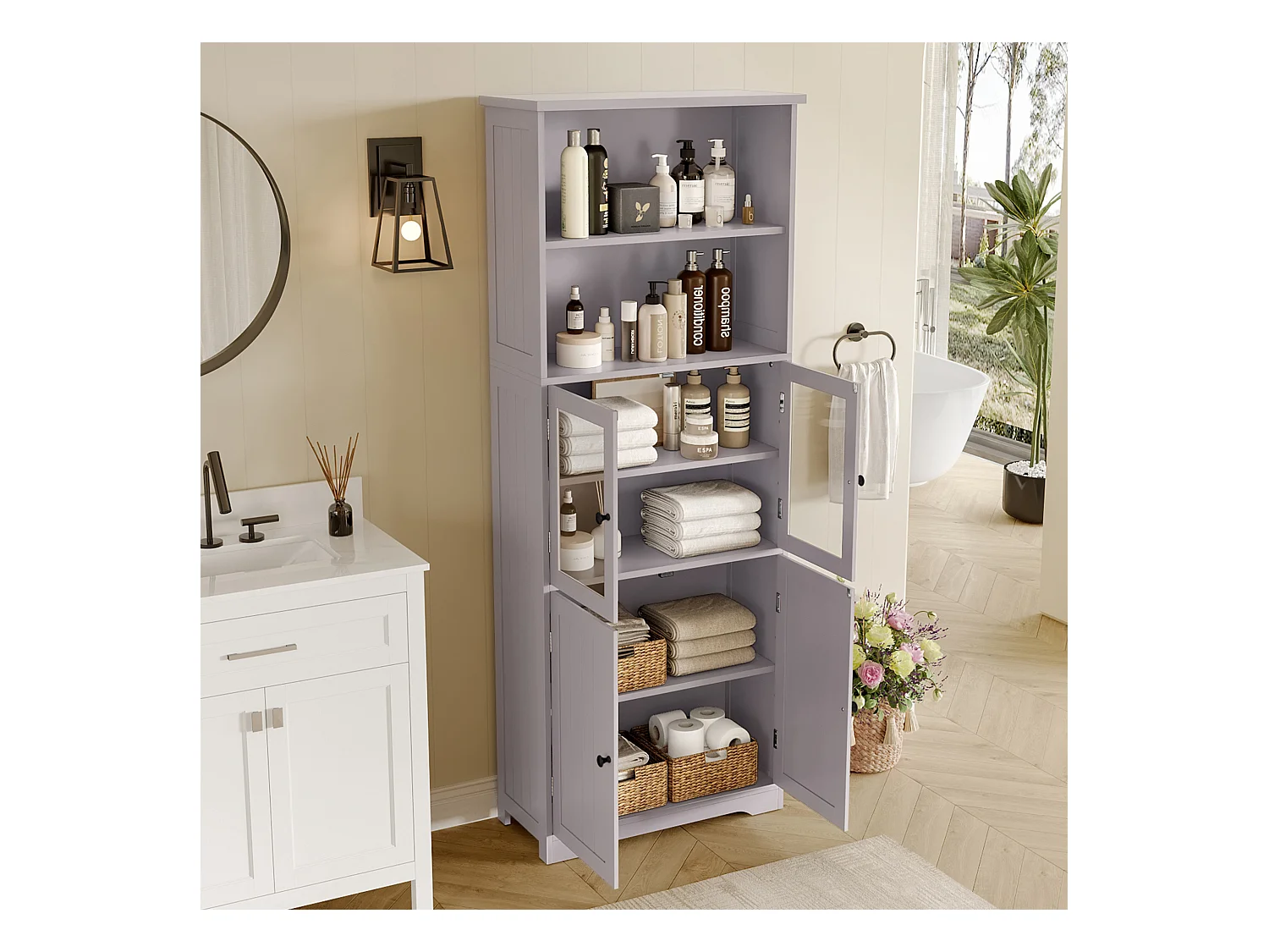 Meuble de salle de bain 57.4 x 28.5 x 160 cm - 4 portes - 2 compartiments ouverts - étagères réglables - gris