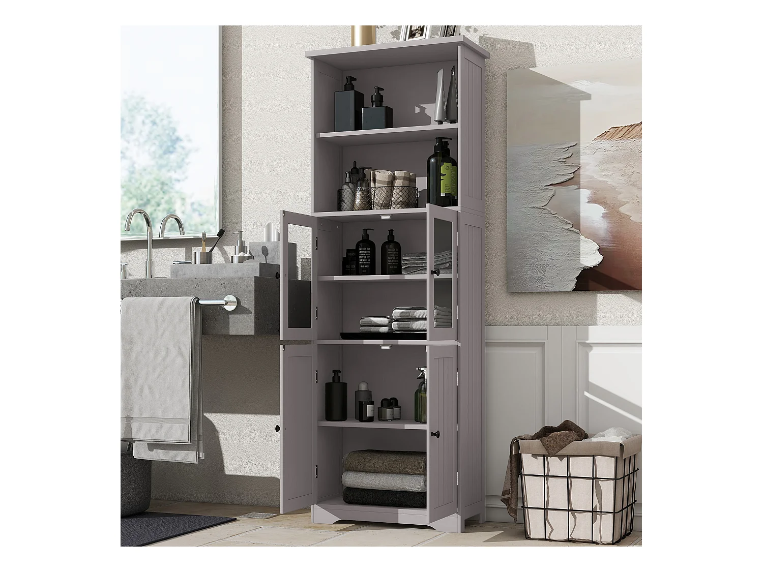 Meuble de salle de bain 57.4 x 28.5 x 160 cm - 4 portes - 2 compartiments ouverts - étagères réglables - gris