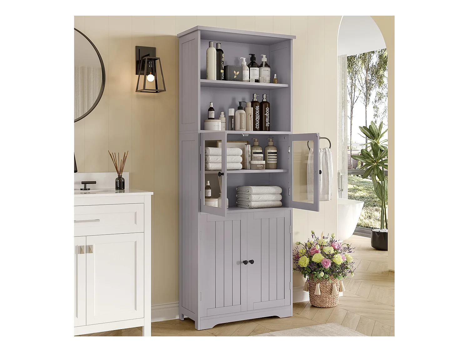 Meuble de salle de bain 57.4 x 28.5 x 160 cm - 4 portes - 2 compartiments ouverts - étagères réglables - gris