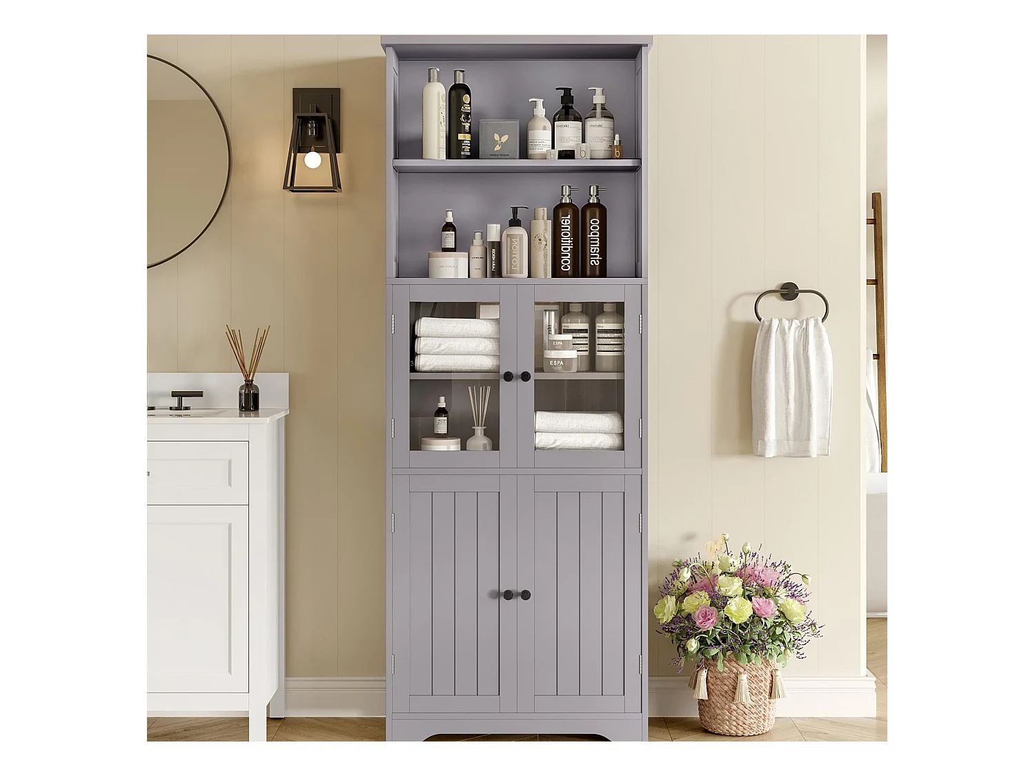 Badezimmerschrank 57,4×28,5×160 cm - 4 Türen - 2 offene Fächer - höhenverstellbare Regale - grau