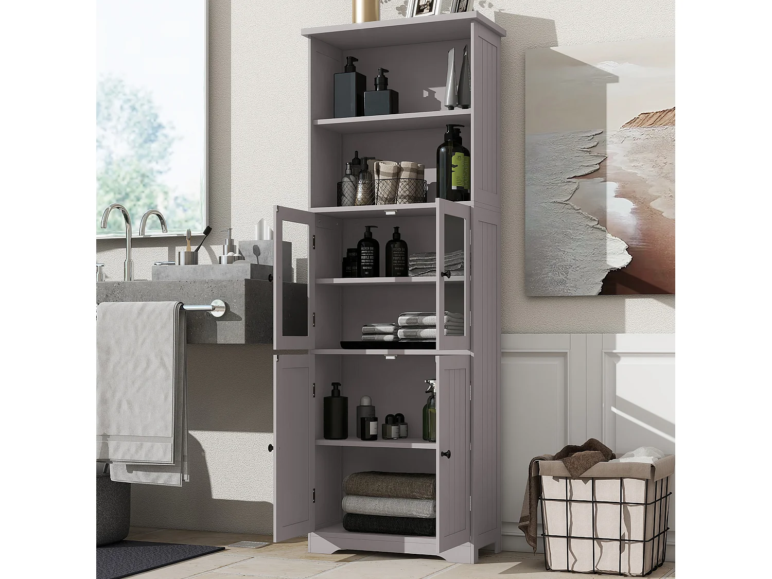 Meuble de salle de bain 57.4 x 28.5 x 160 cm - 4 portes - 2 compartiments ouverts - étagères réglables - gris