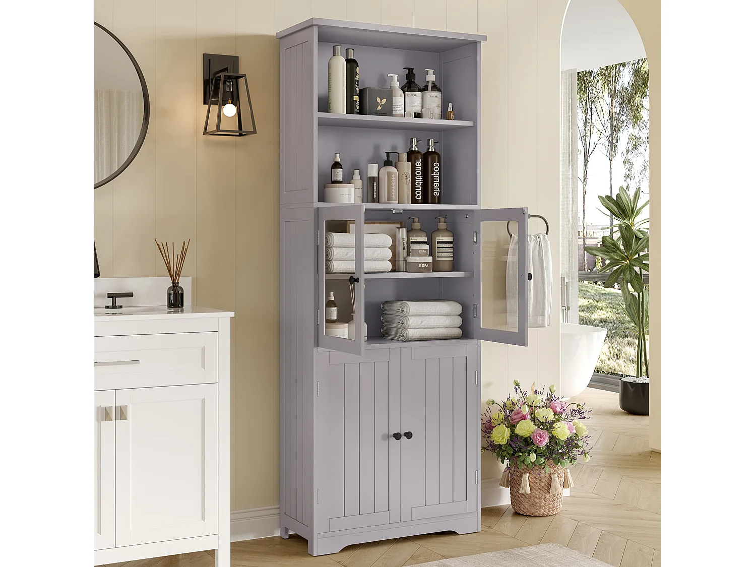 Meuble de salle de bain 57.4 x 28.5 x 160 cm - 4 portes - 2 compartiments ouverts - étagères réglables - gris