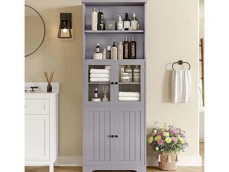 Mueble de baño 57,4×28,5×160 cm - 4 puertas - 2 compartimentos abiertos - estantes ajustables - gris