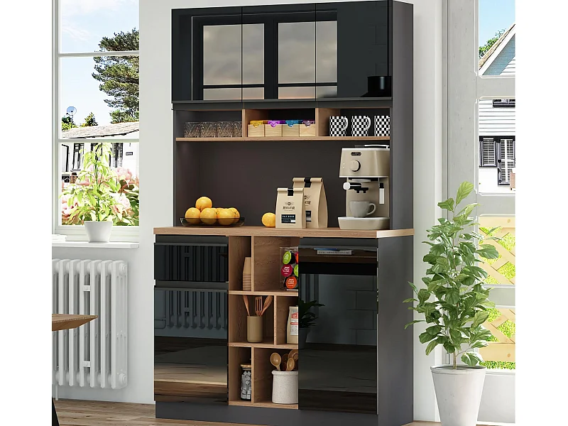 Modern keukenbuffet 105×45×185 cm - 5 deuren - verstelbare planken - open opbergruimte - zwart en naturel