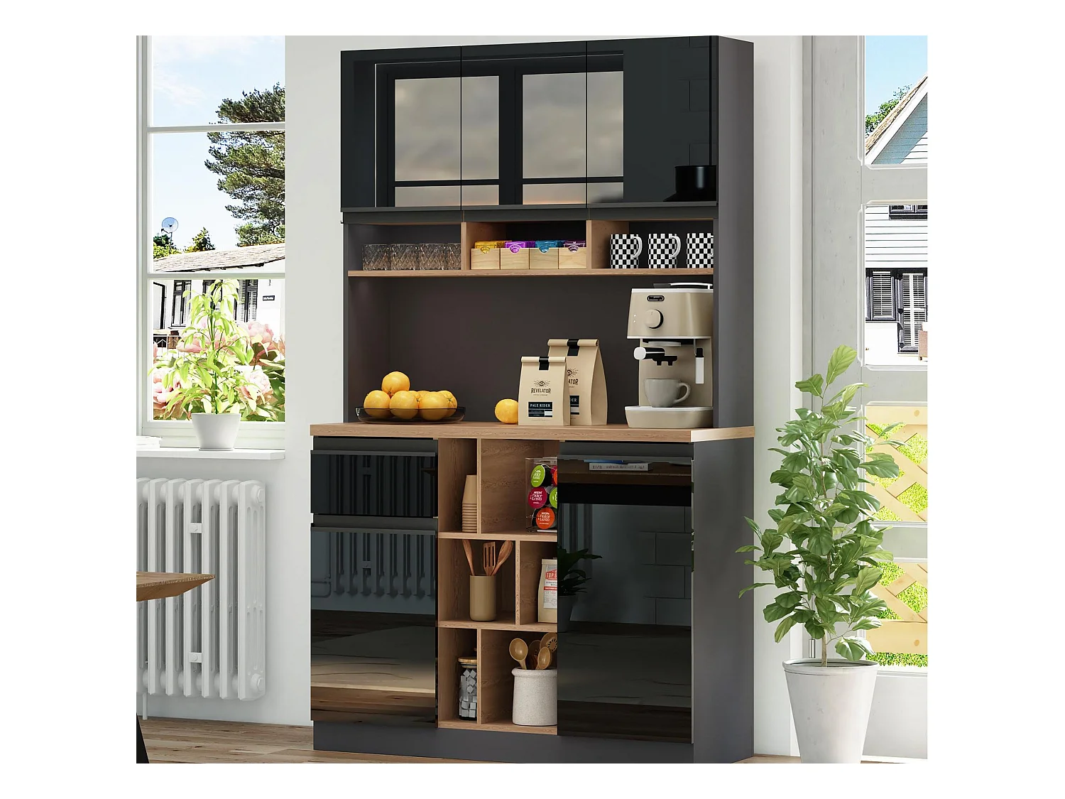Buffet de cuisine moderne 105x45x185cm - 5 portes - étagères réglables - rangement ouvert - noir et naturel