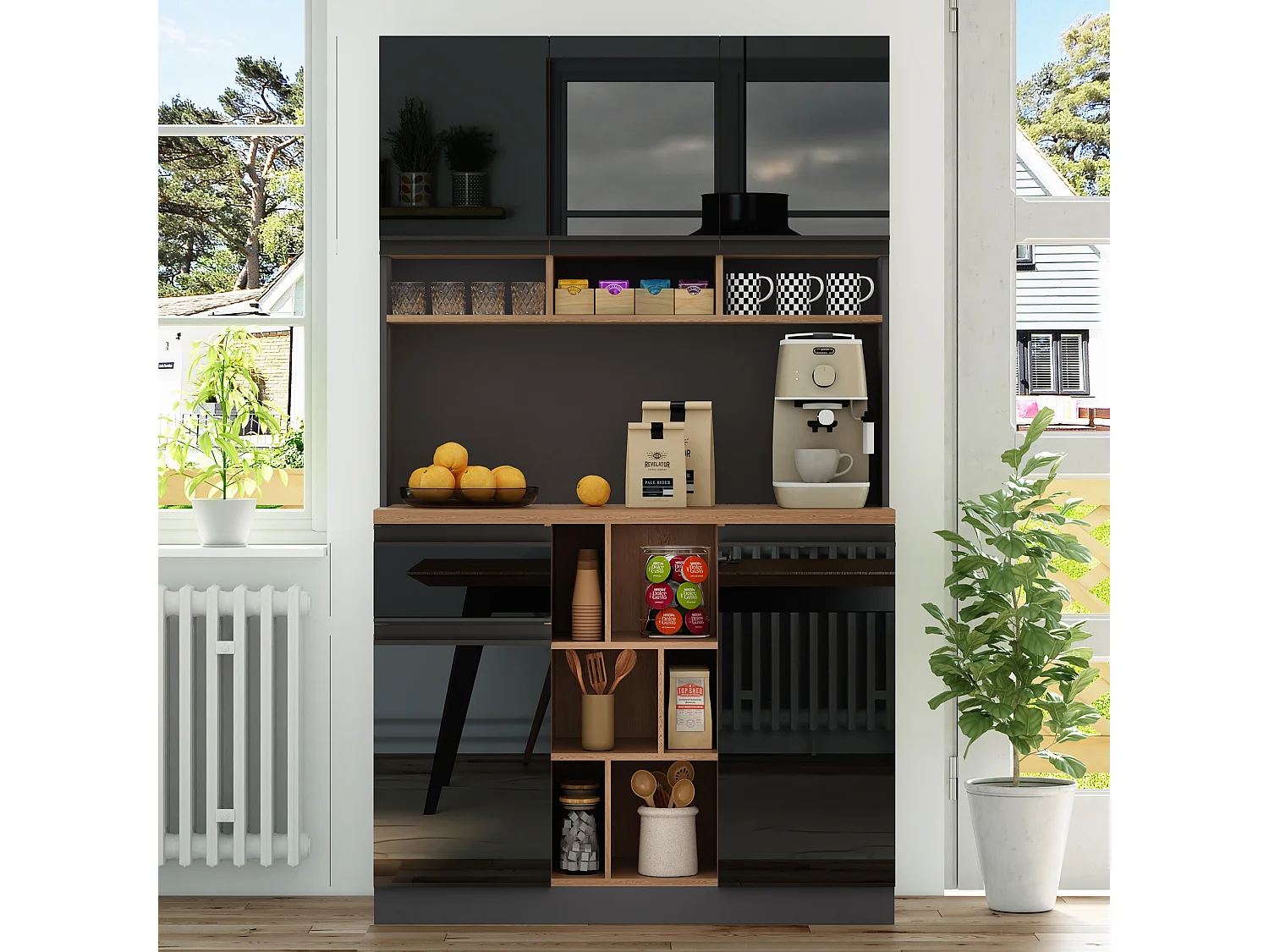 Buffet de cuisine moderne 105x45x185cm - 5 portes - étagères réglables - rangement ouvert - noir et naturel