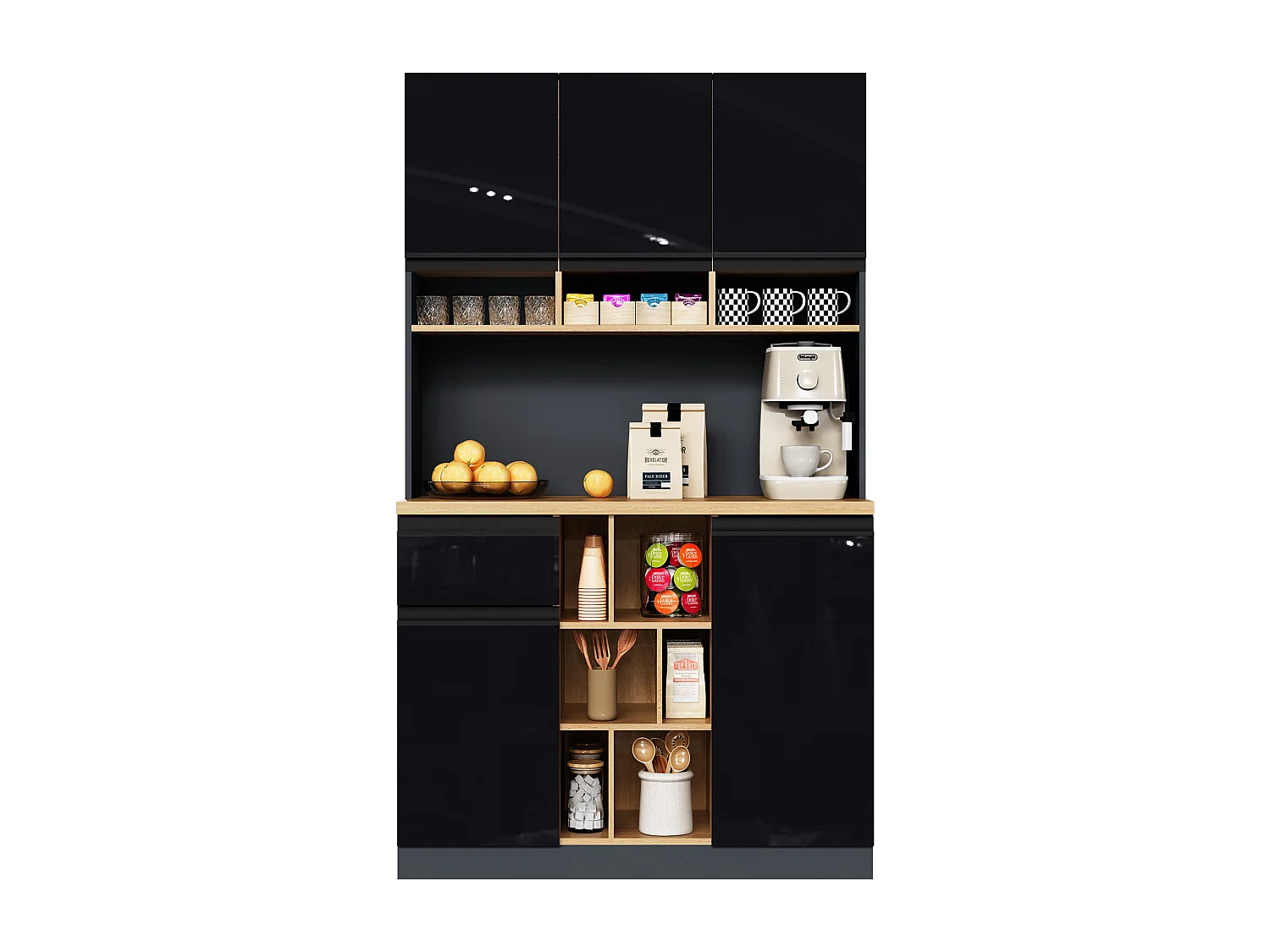 Buffet de cuisine moderne 105x45x185cm - 5 portes - étagères réglables - rangement ouvert - noir et naturel