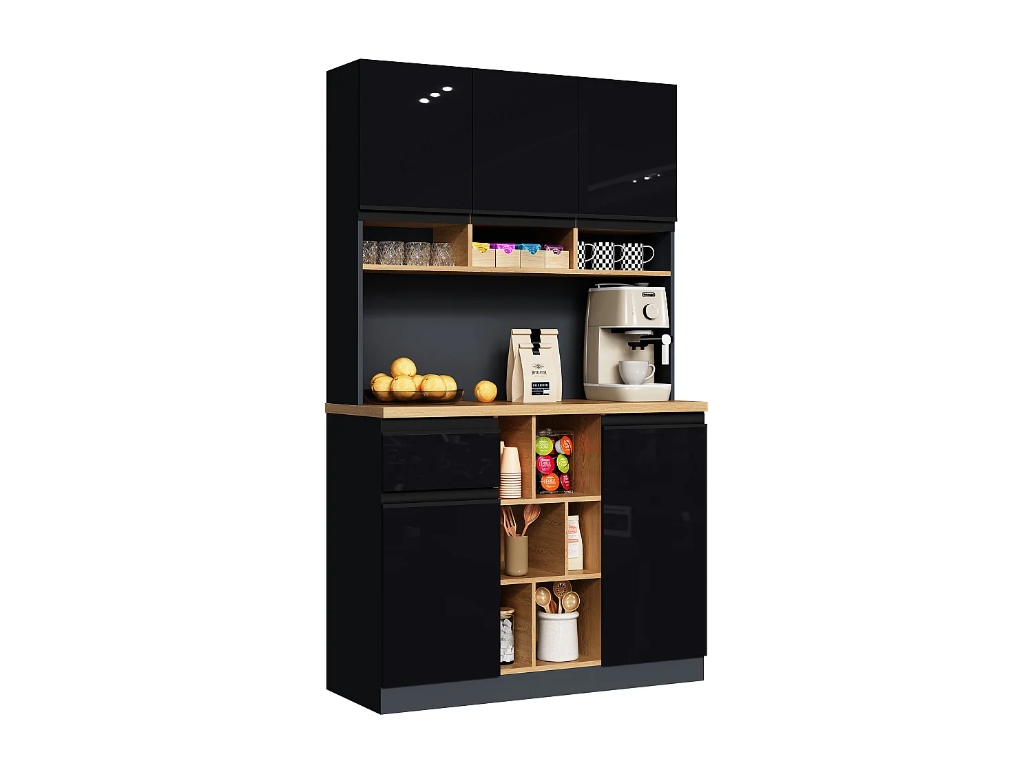Buffet de cuisine moderne 105x45x185cm - 5 portes - étagères réglables - rangement ouvert - noir et naturel