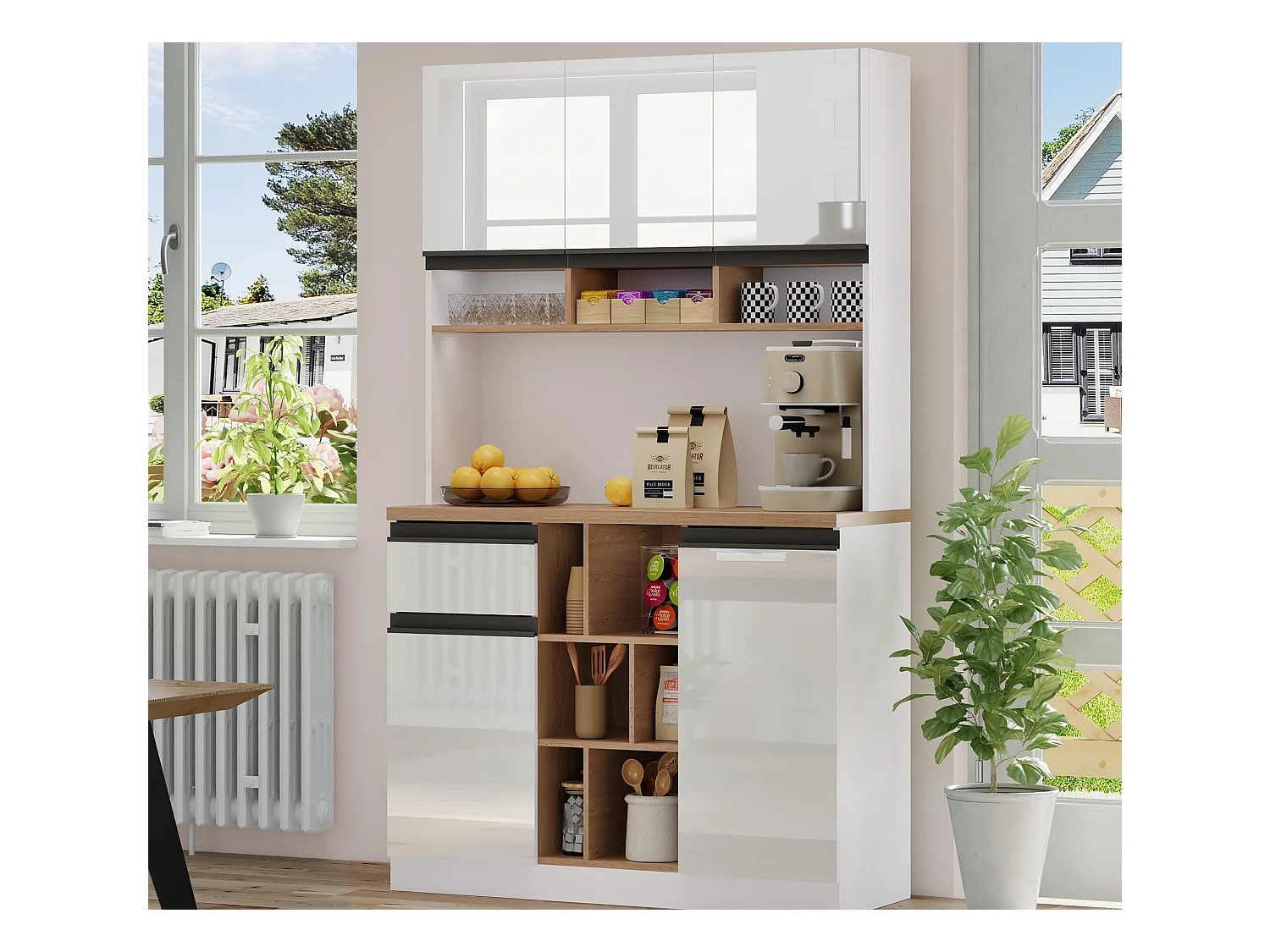 Moderne Küchenkommode 105×45×185 cm - 5 Türen - höhenverstellbare Fächer - offene Aufbewahrung - weiß und natur