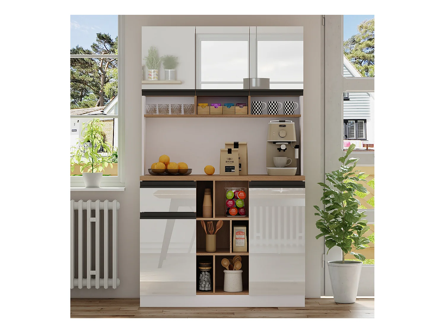 Moderne Küchenkommode 105×45×185 cm - 5 Türen - höhenverstellbare Fächer - offene Aufbewahrung - weiß und natur