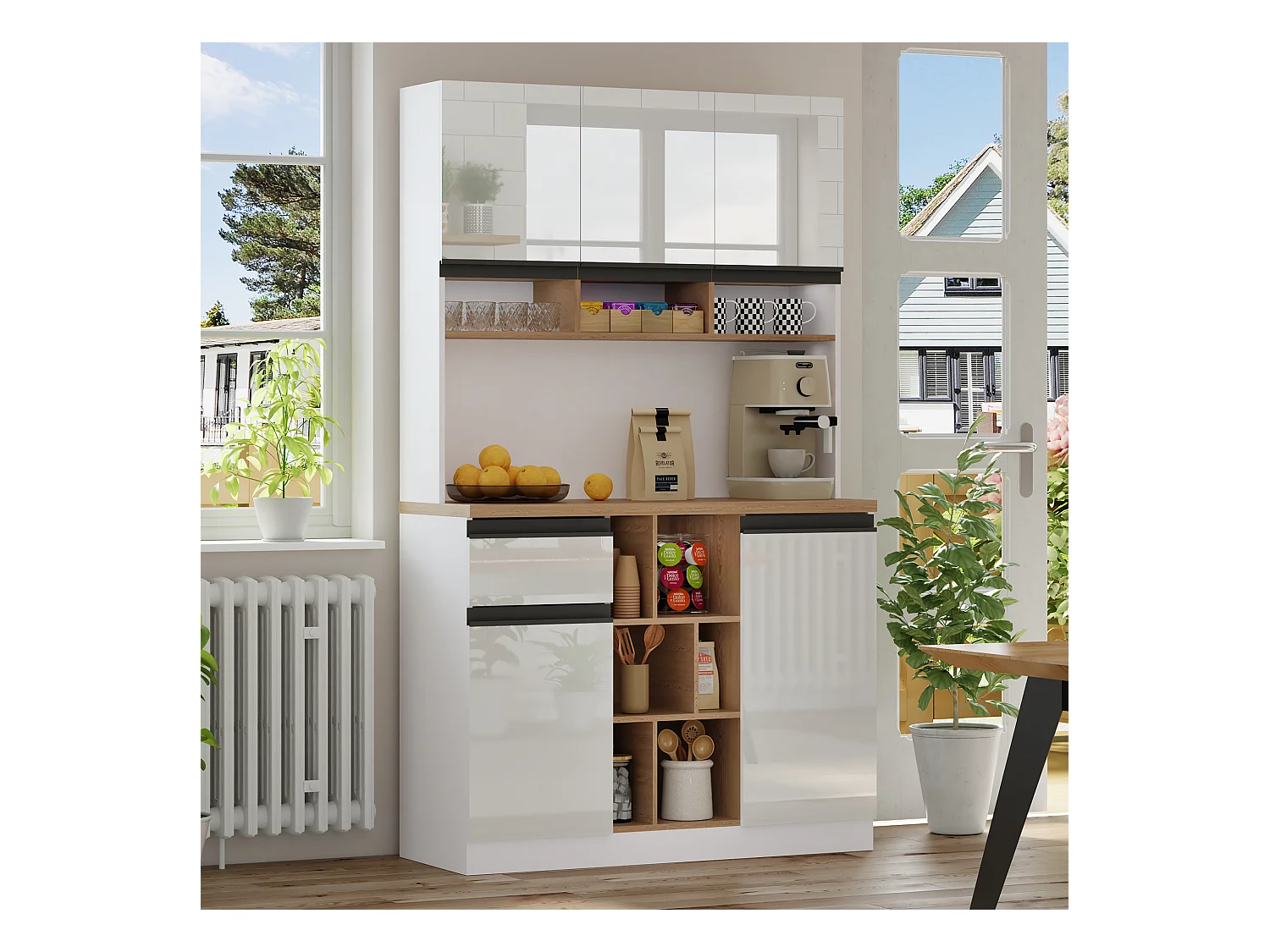 Moderne Küchenkommode 105×45×185 cm - 5 Türen - höhenverstellbare Fächer - offene Aufbewahrung - weiß und natur