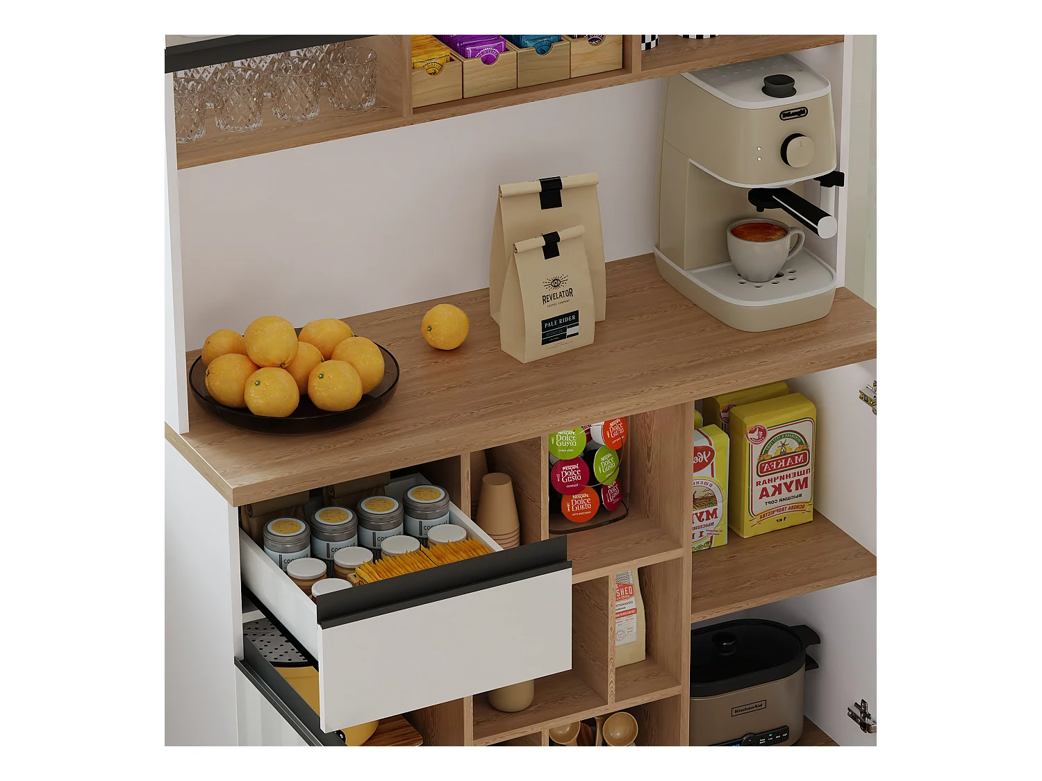 Moderne Küchenkommode 105×45×185 cm - 5 Türen - höhenverstellbare Fächer - offene Aufbewahrung - weiß und natur