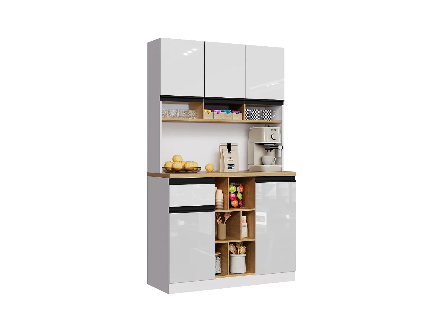 Moderne Küchenkommode 105×45×185 cm - 5 Türen - höhenverstellbare Fächer - offene Aufbewahrung - weiß und natur