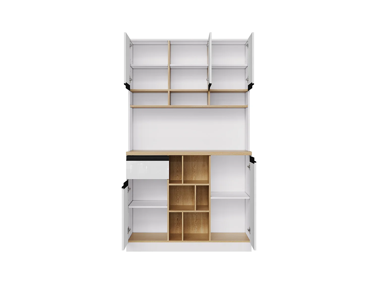 Moderne Küchenkommode 105×45×185 cm - 5 Türen - höhenverstellbare Fächer - offene Aufbewahrung - weiß und natur