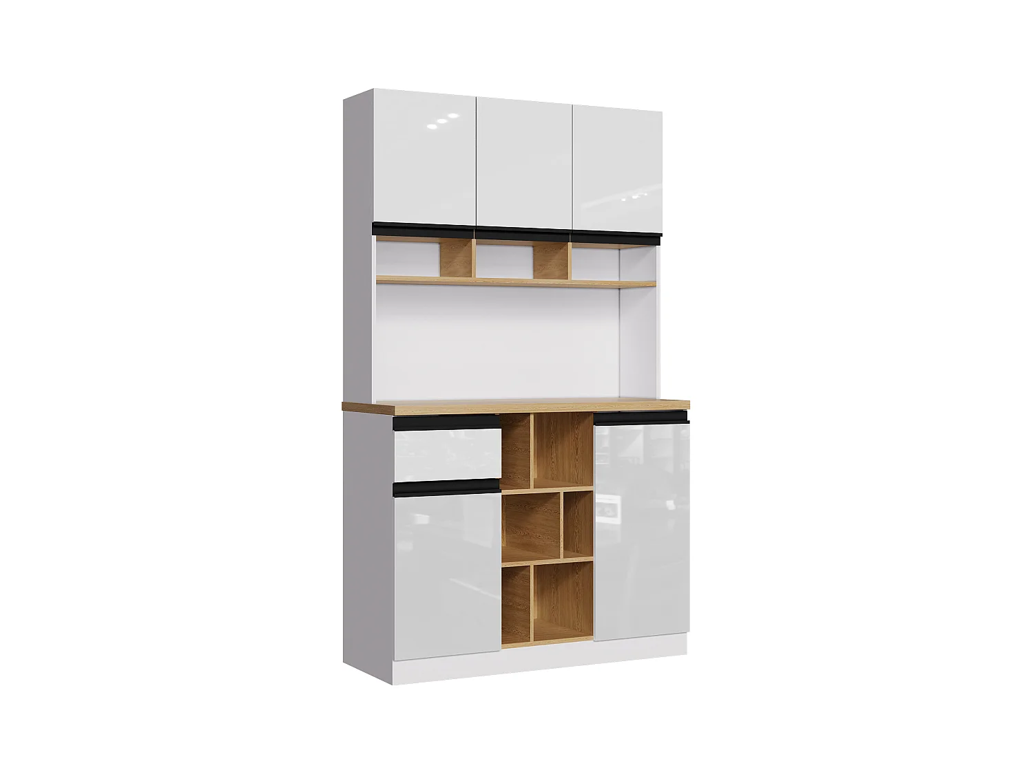 Moderne Küchenkommode 105×45×185 cm - 5 Türen - höhenverstellbare Fächer - offene Aufbewahrung - weiß und natur