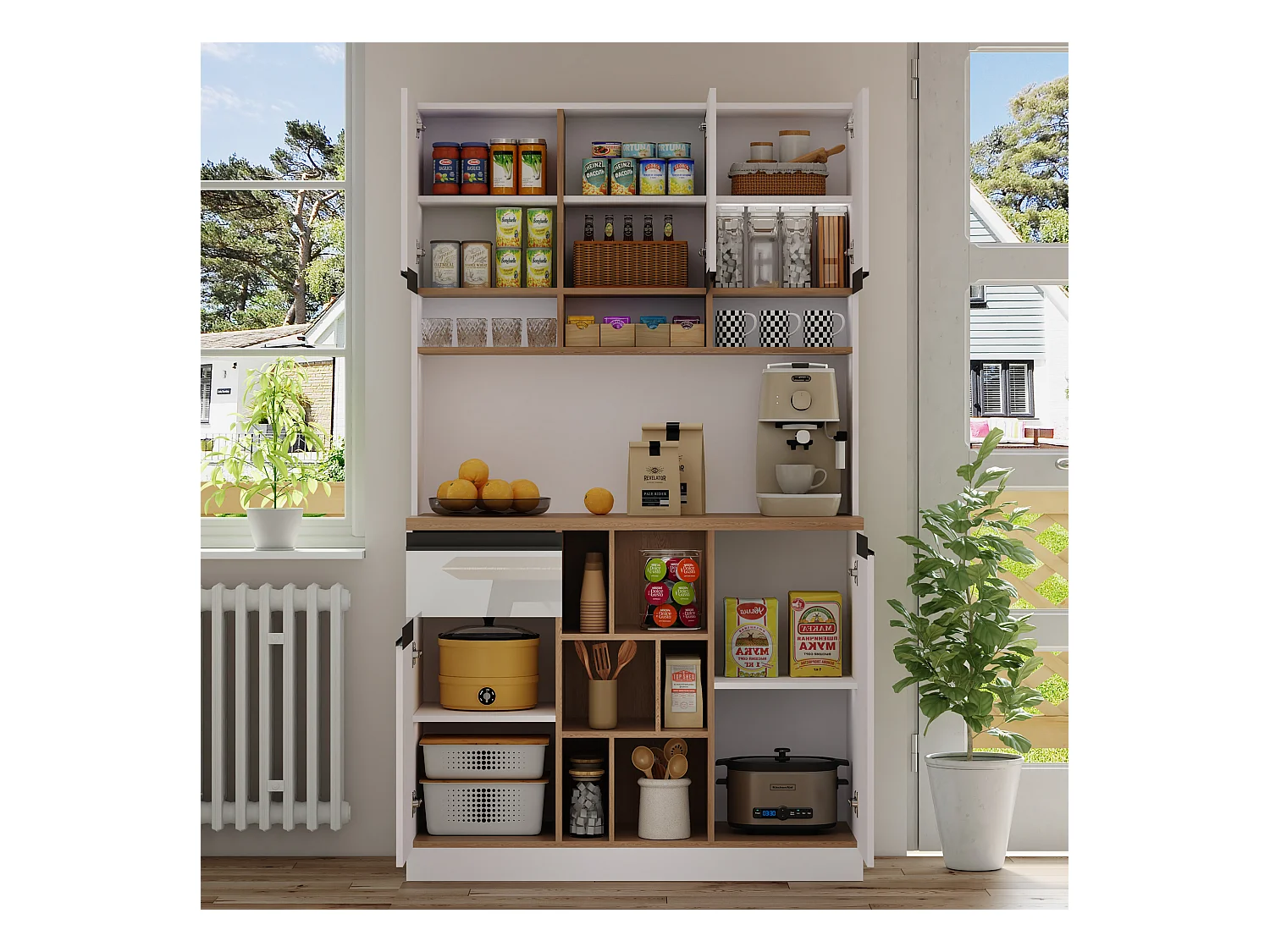 Moderne Küchenkommode 105×45×185 cm - 5 Türen - höhenverstellbare Fächer - offene Aufbewahrung - weiß und natur