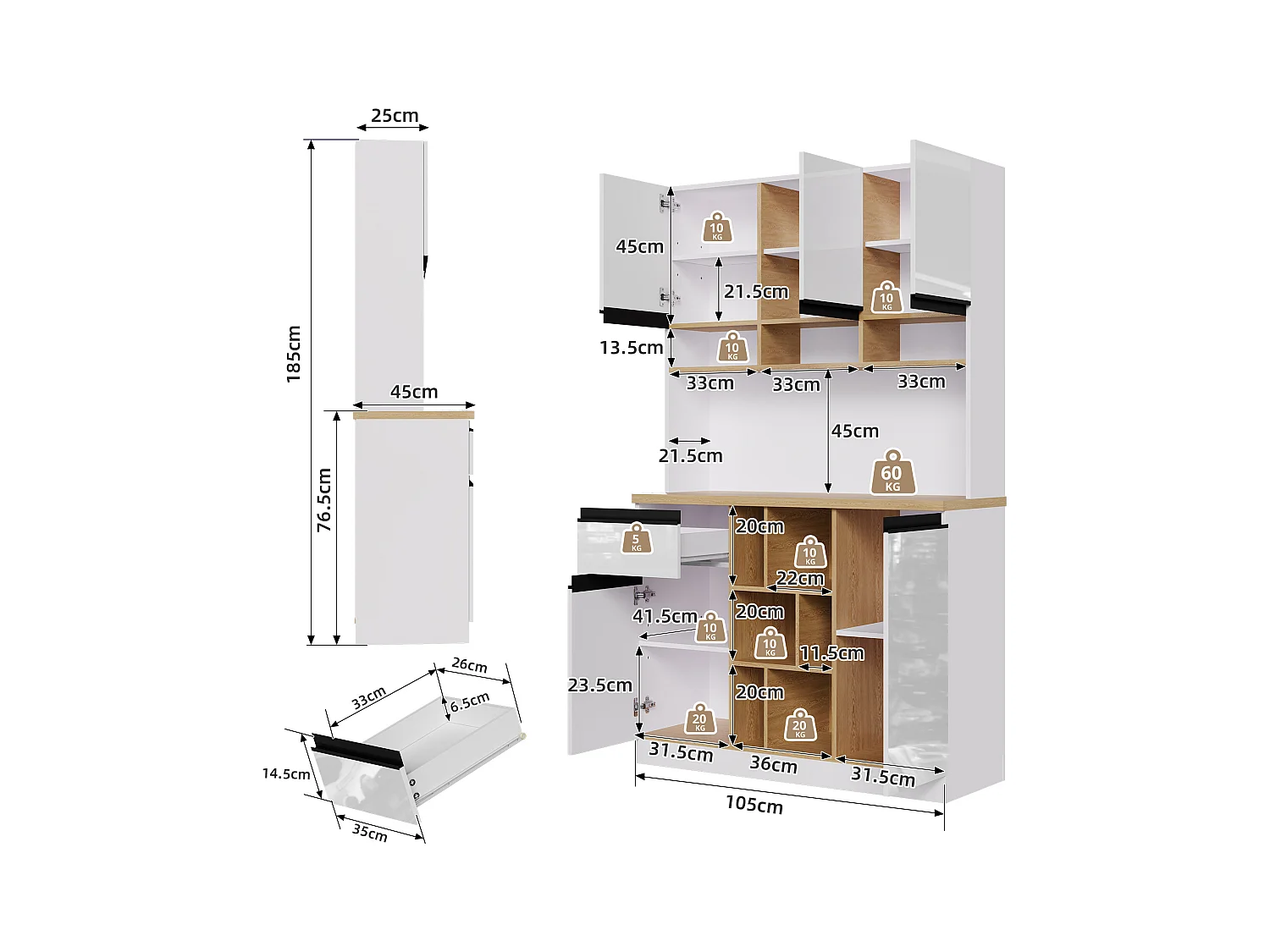 Moderne Küchenkommode 105×45×185 cm - 5 Türen - höhenverstellbare Fächer - offene Aufbewahrung - weiß und natur