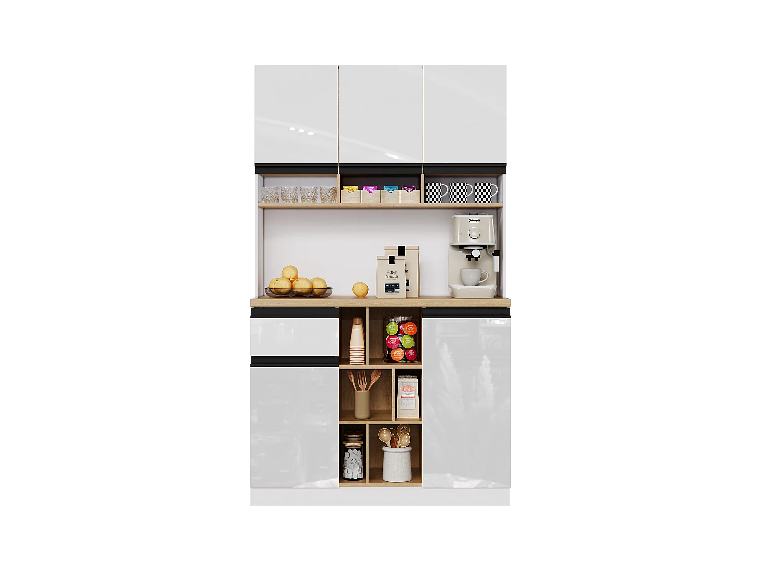 Moderne Küchenkommode 105×45×185 cm - 5 Türen - höhenverstellbare Fächer - offene Aufbewahrung - weiß und natur
