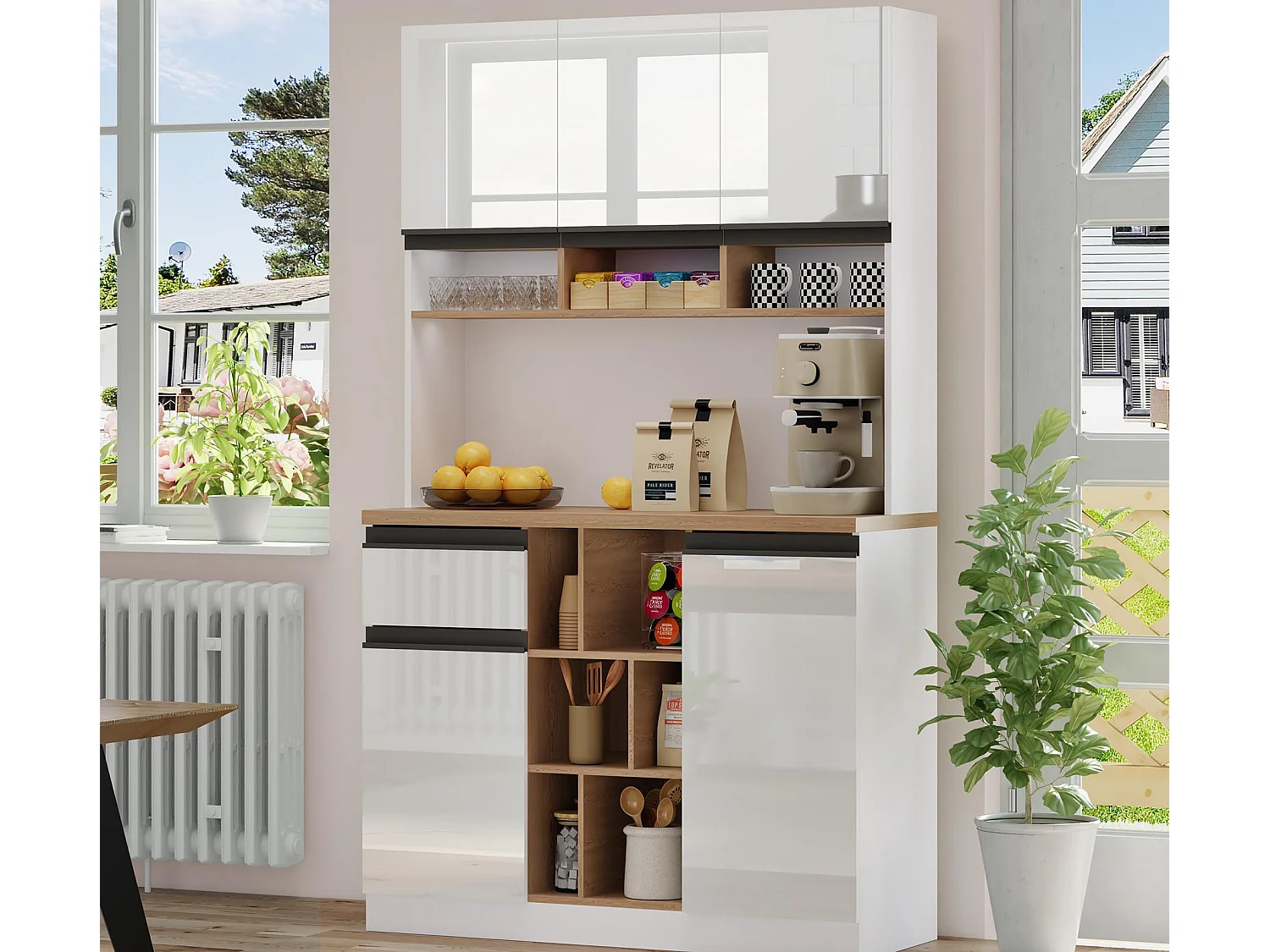 Buffet de cuisine moderne 105x45x185cm - 5 portes - étagères réglables - rangement ouvert - blanc et naturel