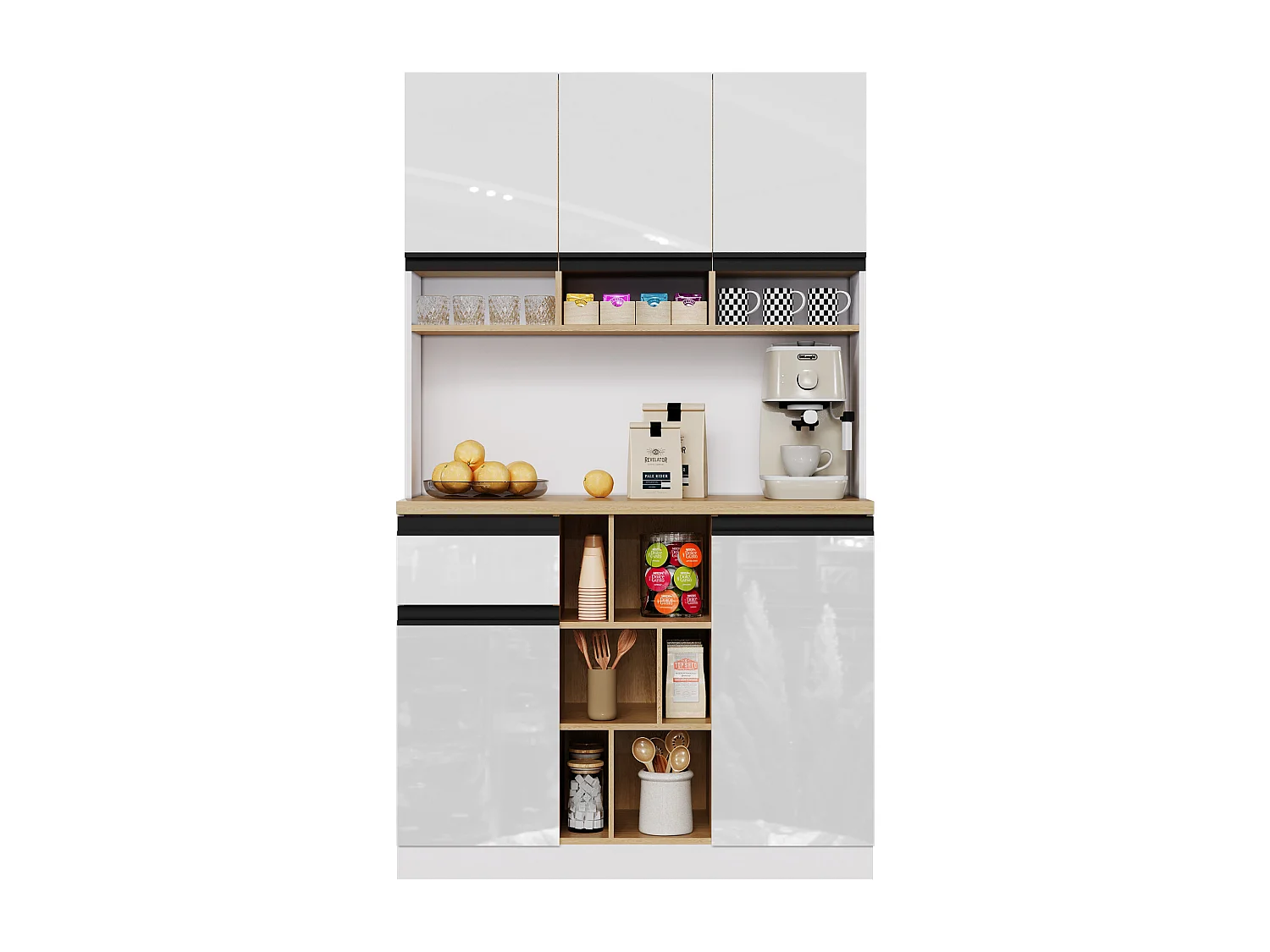 Buffet de cuisine moderne 105x45x185cm - 5 portes - étagères réglables - rangement ouvert - blanc et naturel