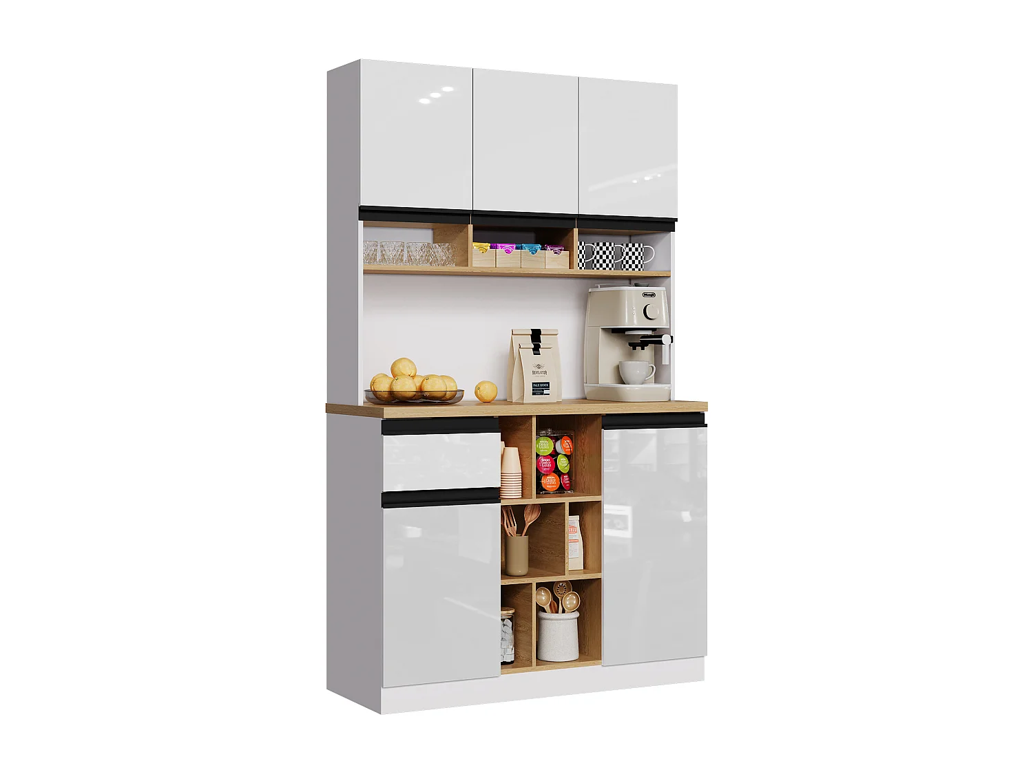 Buffet de cuisine moderne 105x45x185cm - 5 portes - étagères réglables - rangement ouvert - blanc et naturel