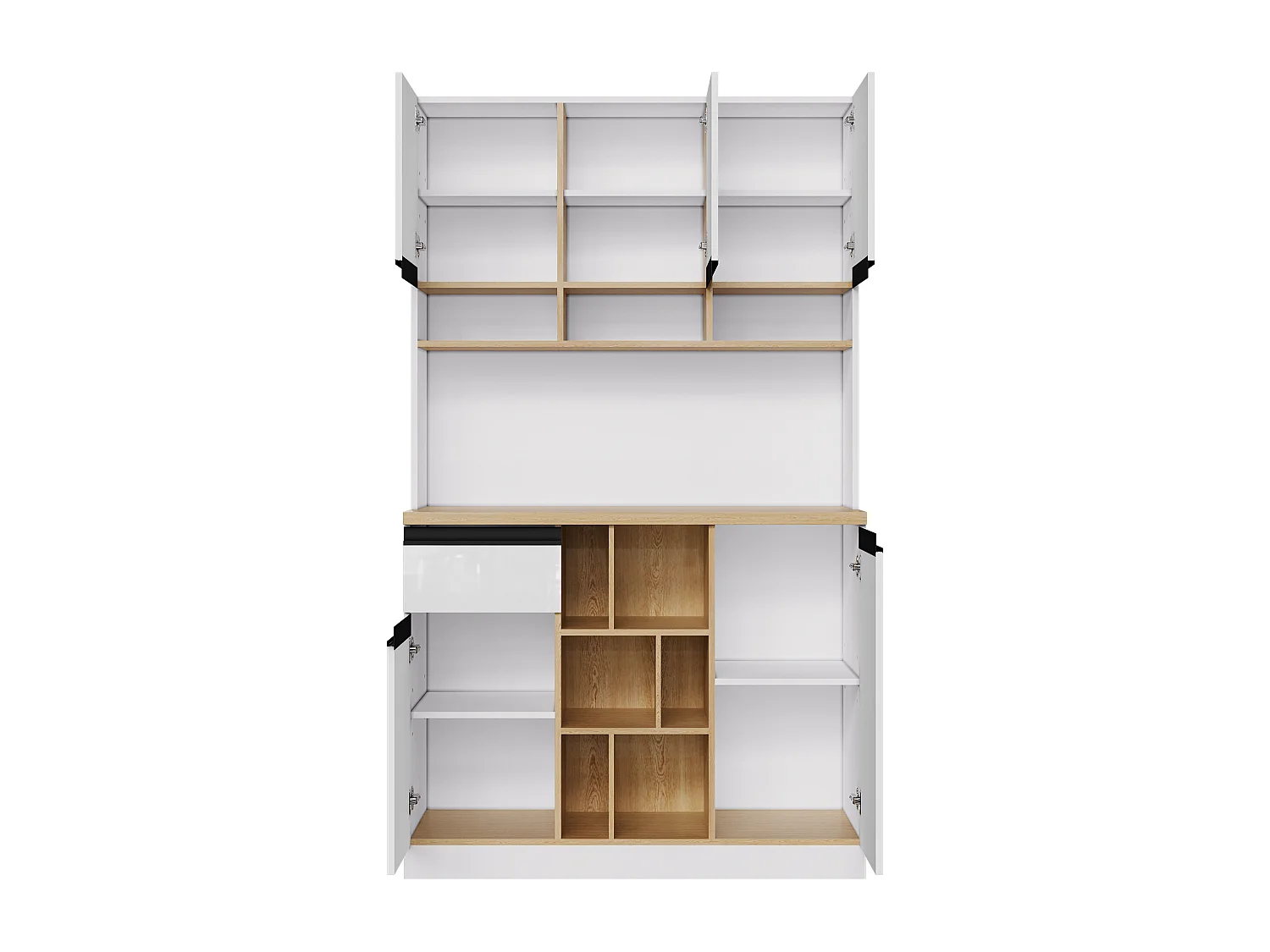 Buffet de cuisine moderne 105x45x185cm - 5 portes - étagères réglables - rangement ouvert - blanc et naturel