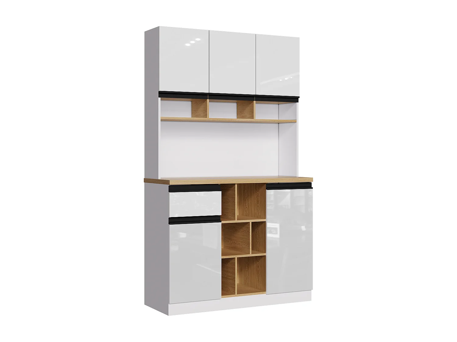 Buffet de cuisine moderne 105x45x185cm - 5 portes - étagères réglables - rangement ouvert - blanc et naturel