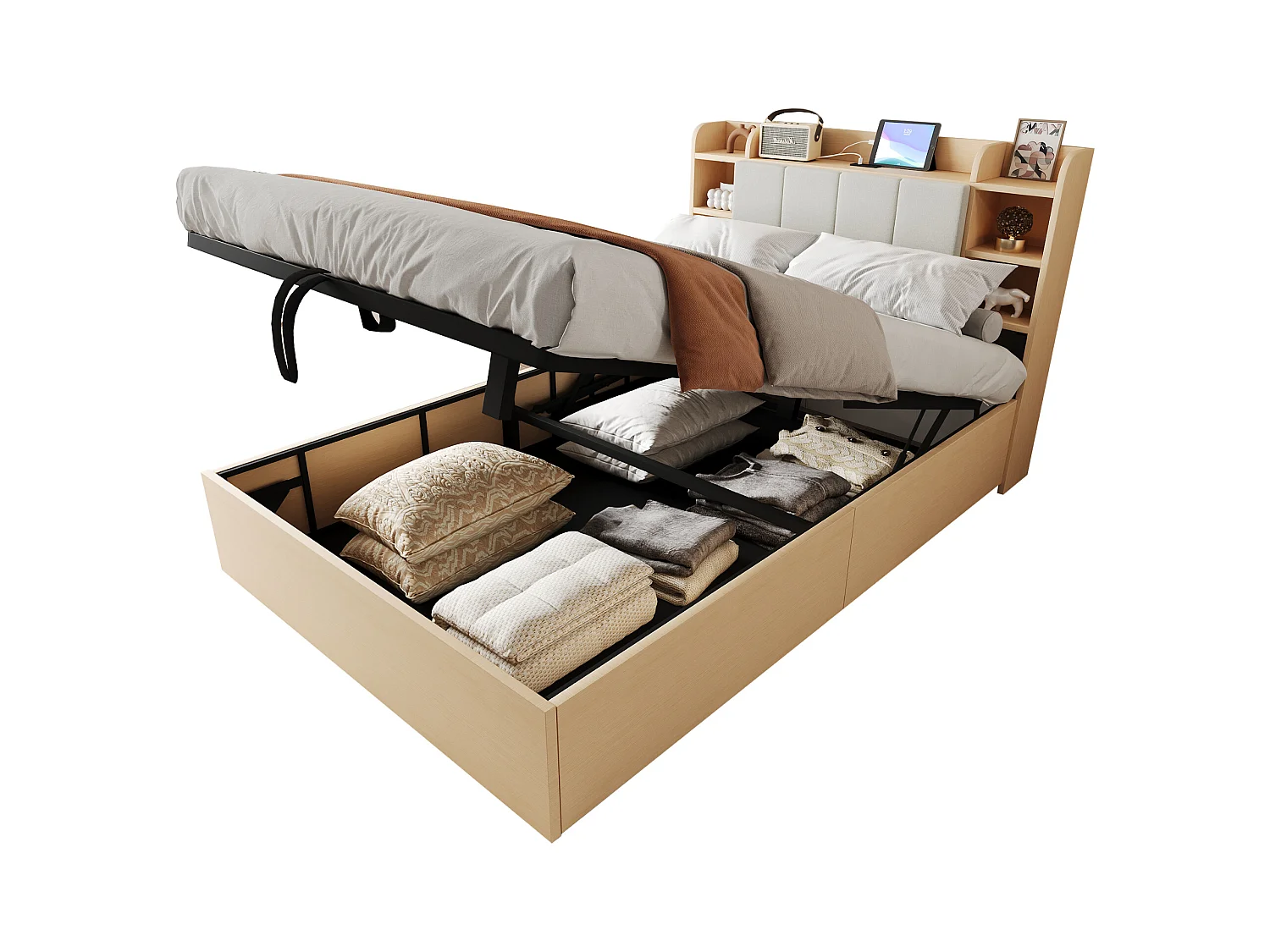 Lit coffre en bois 140x200 cm - tête de lit avec rangement - avec prises USB + Type-C - naturel (matelas non inclus)