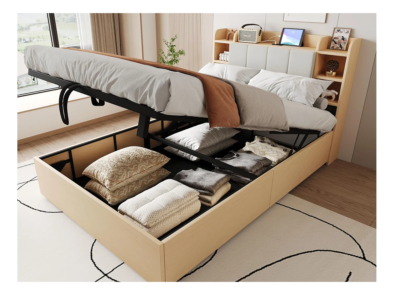 Lit coffre en bois 140x200 cm - tête de lit avec rangement - avec prises USB + Type-C - naturel (matelas non inclus)
