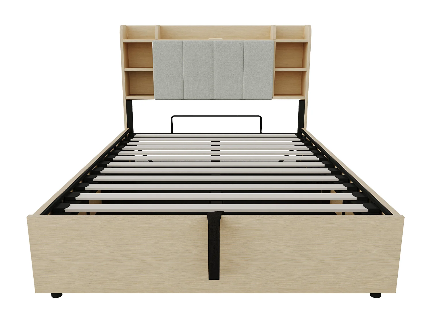 Holzbett mit Stauraum 140×200 cm - Kopfteil mit Staufach - mit USB- + Type-C-Anschlüssen - natur (Matratze nicht enthalten)