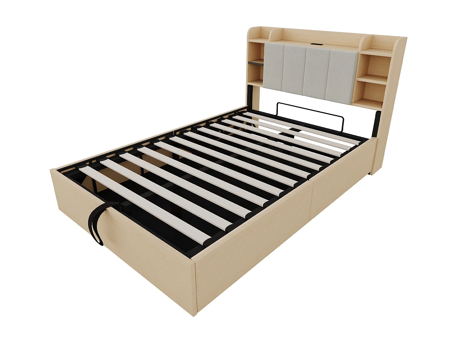 Holzbett mit Stauraum 140×200 cm - Kopfteil mit Staufach - mit USB- + Type-C-Anschlüssen - natur (Matratze nicht enthalten)