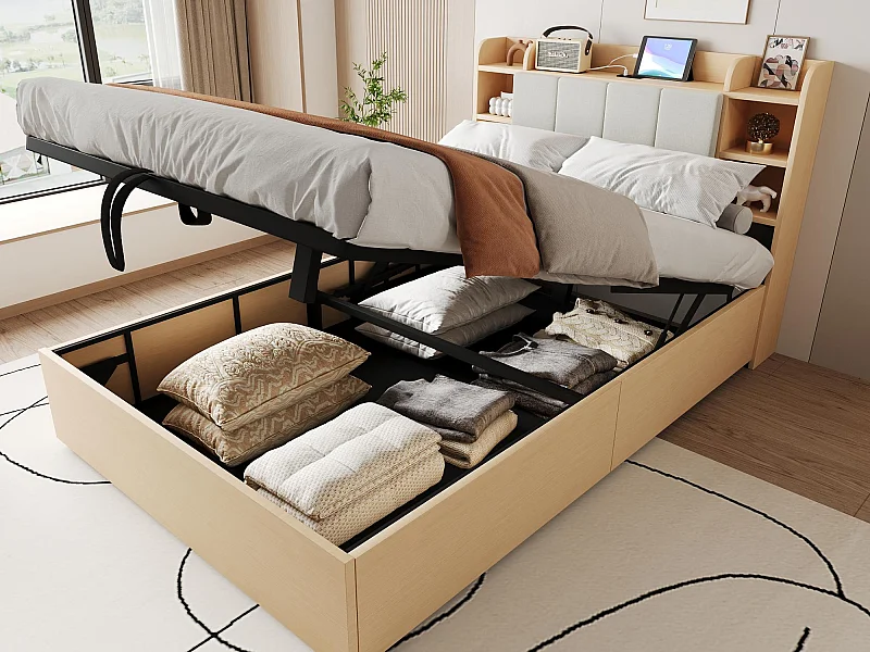 Opbergbed van hout 140×200 cm - hoofdeinde met opbergruimte - met USB- + Type-C-poorten - naturel (matras niet inbegrepen)