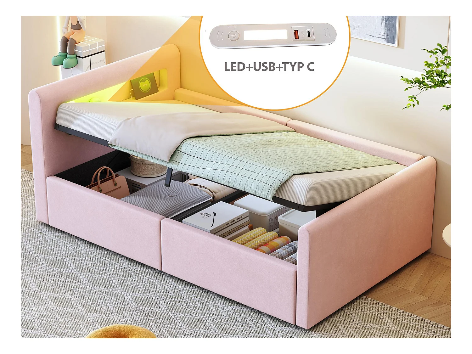 Cama con almacenamiento 90×200 cm - con iluminación LED - con puerto USB de carga - con estantes - terciopelo - rosa (colchón no incluido)