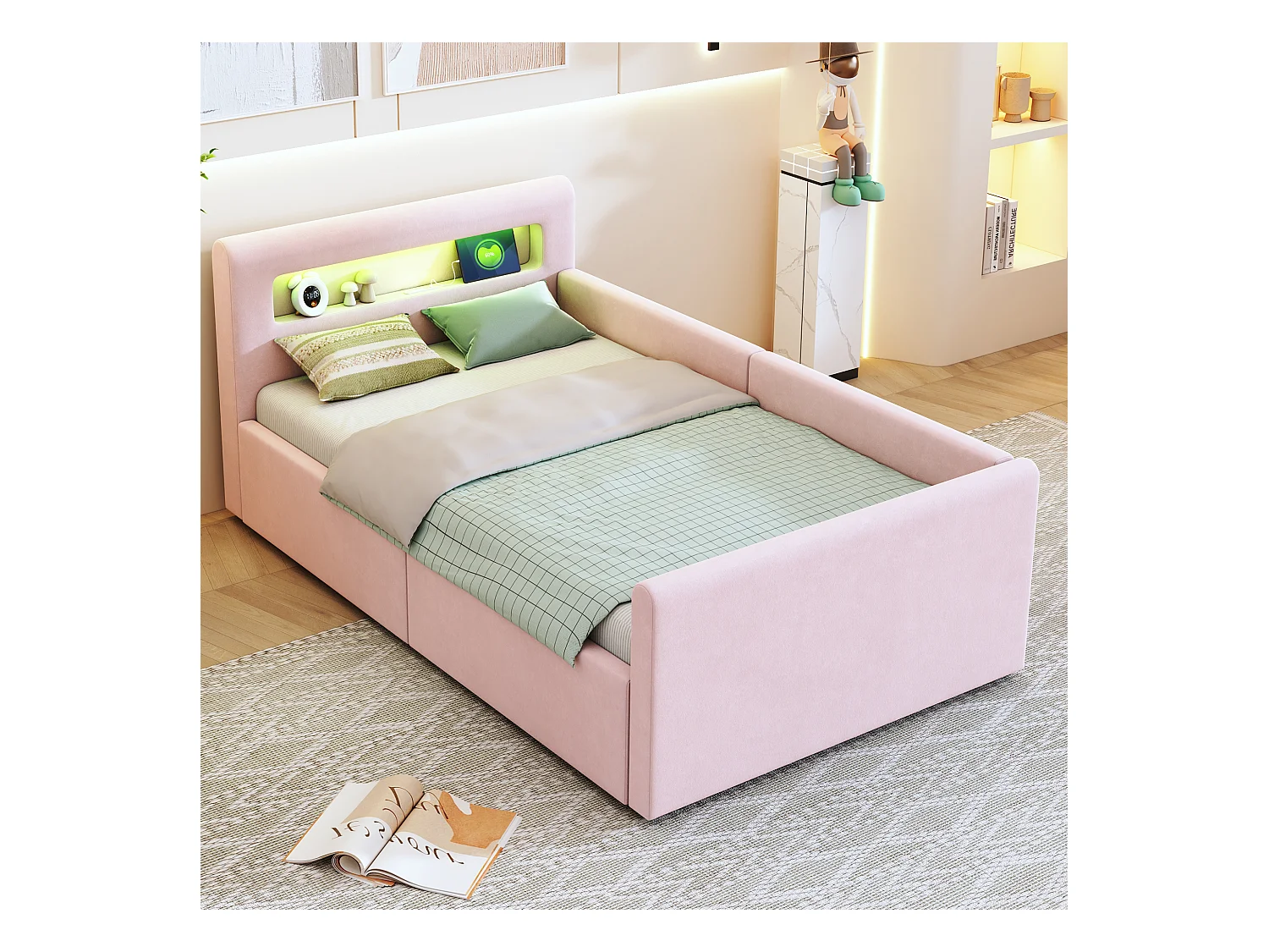 Cama con almacenamiento 90×200 cm - con iluminación LED - con puerto USB de carga - con estantes - terciopelo - rosa (colchón no incluido)