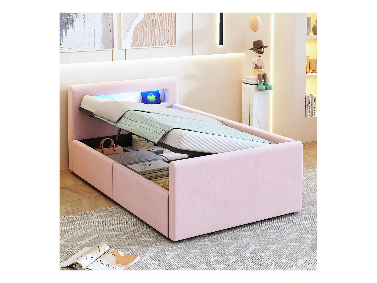 Cama con almacenamiento 90×200 cm - con iluminación LED - con puerto USB de carga - con estantes - terciopelo - rosa (colchón no incluido)