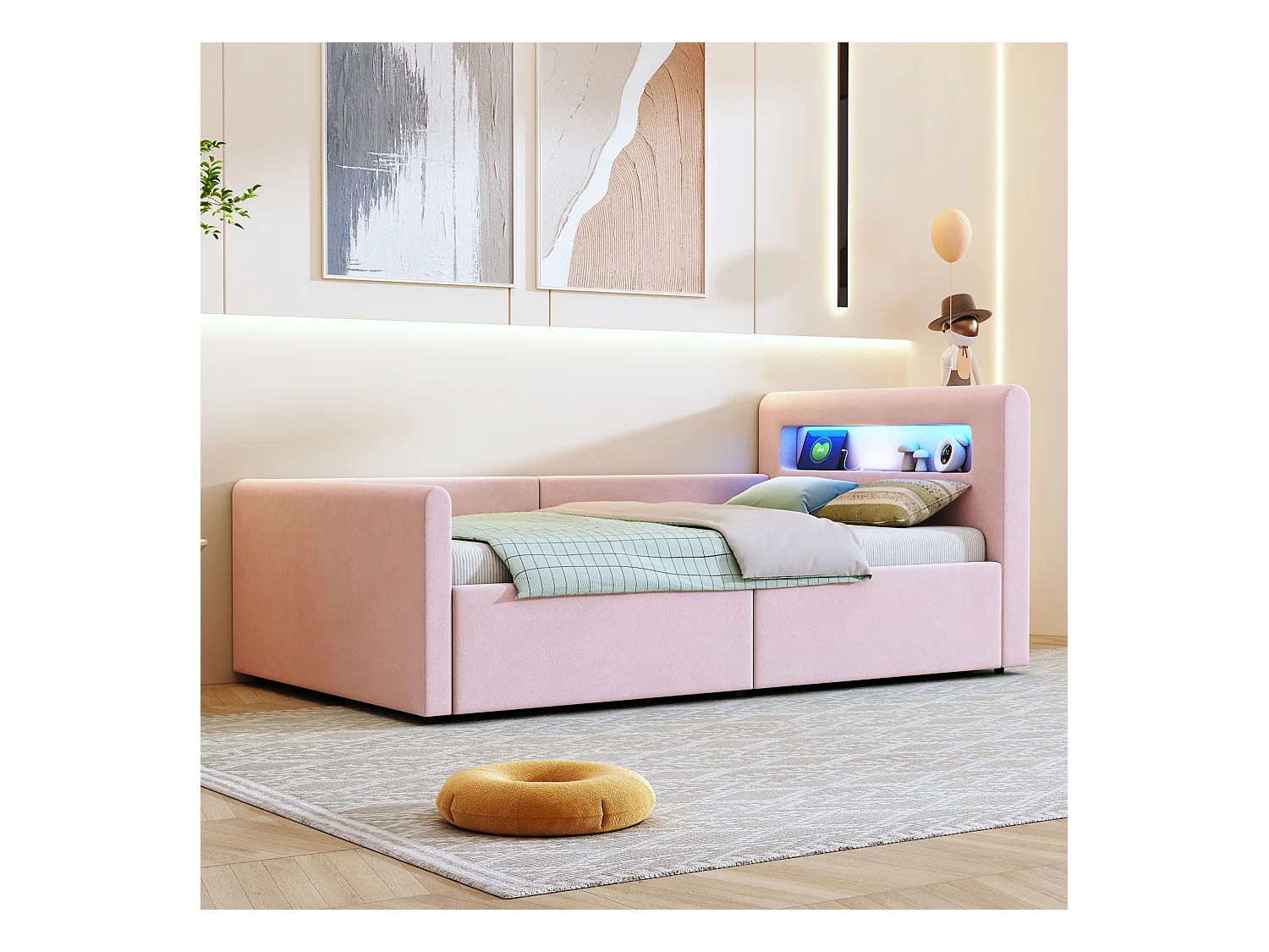 Cama con almacenamiento 90×200 cm - con iluminación LED - con puerto USB de carga - con estantes - terciopelo - rosa (colchón no incluido)
