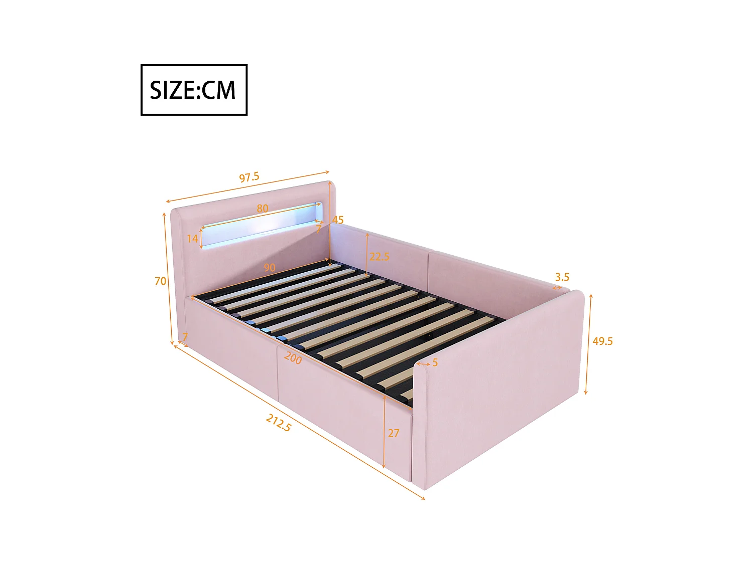 Cama con almacenamiento 90×200 cm - con iluminación LED - con puerto USB de carga - con estantes - terciopelo - rosa (colchón no incluido)