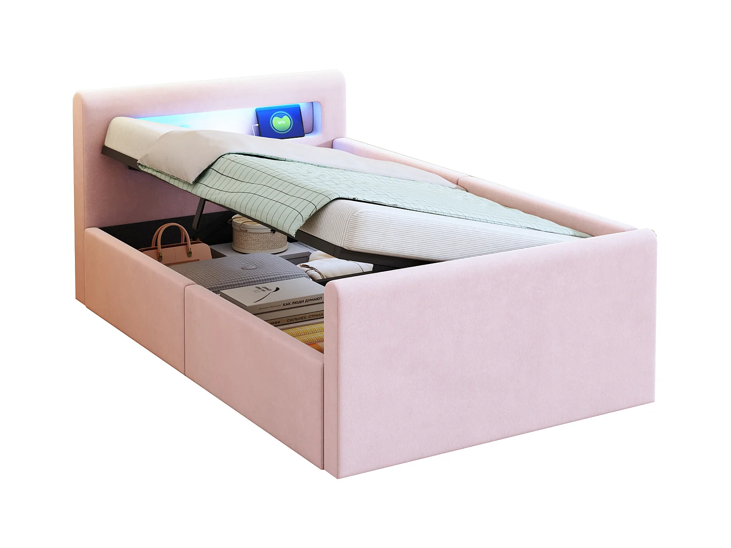 Cama con almacenamiento 90×200 cm - con iluminación LED - con puerto USB de carga - con estantes - terciopelo - rosa (colchón no incluido)