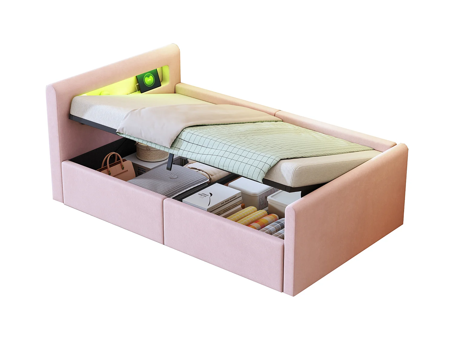 Cama con almacenamiento 90×200 cm - con iluminación LED - con puerto USB de carga - con estantes - terciopelo - rosa (colchón no incluido)