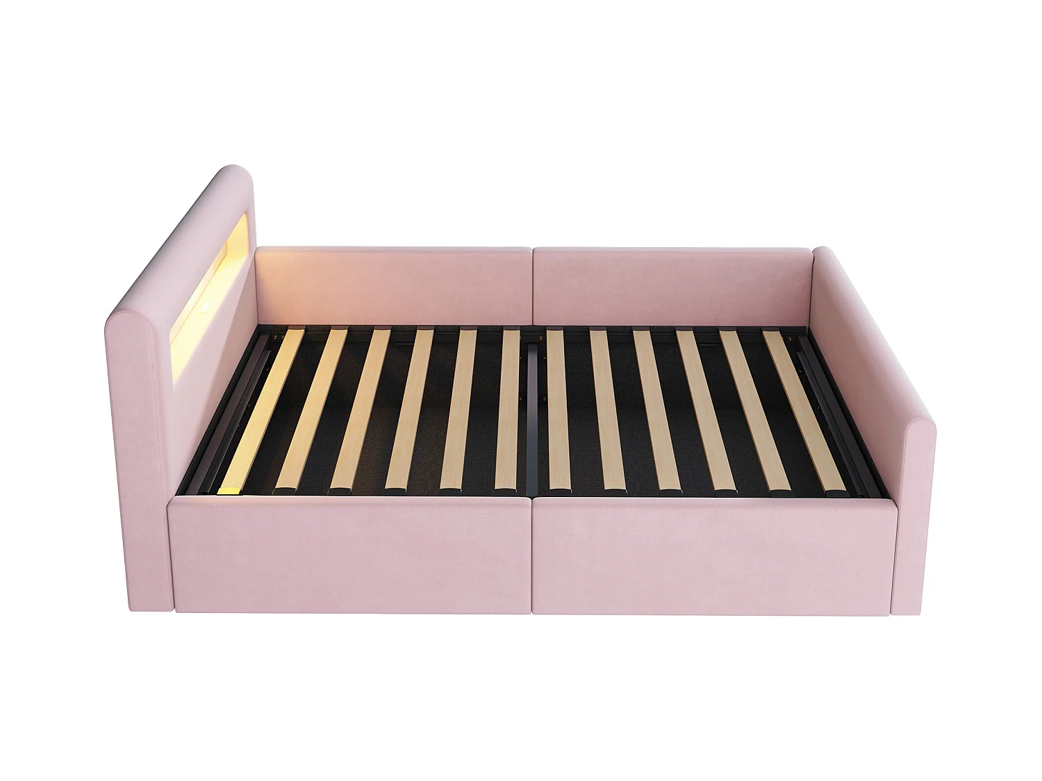 Cama con almacenamiento 90×200 cm - con iluminación LED - con puerto USB de carga - con estantes - terciopelo - rosa (colchón no incluido)