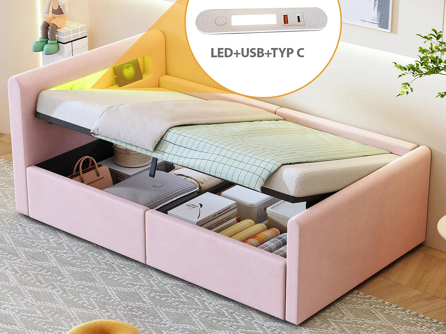 Lit coffre 90x200cm - avec éclairage LED - avec port de charge USB - avec étagères - velours - rose (matelas non inclus)