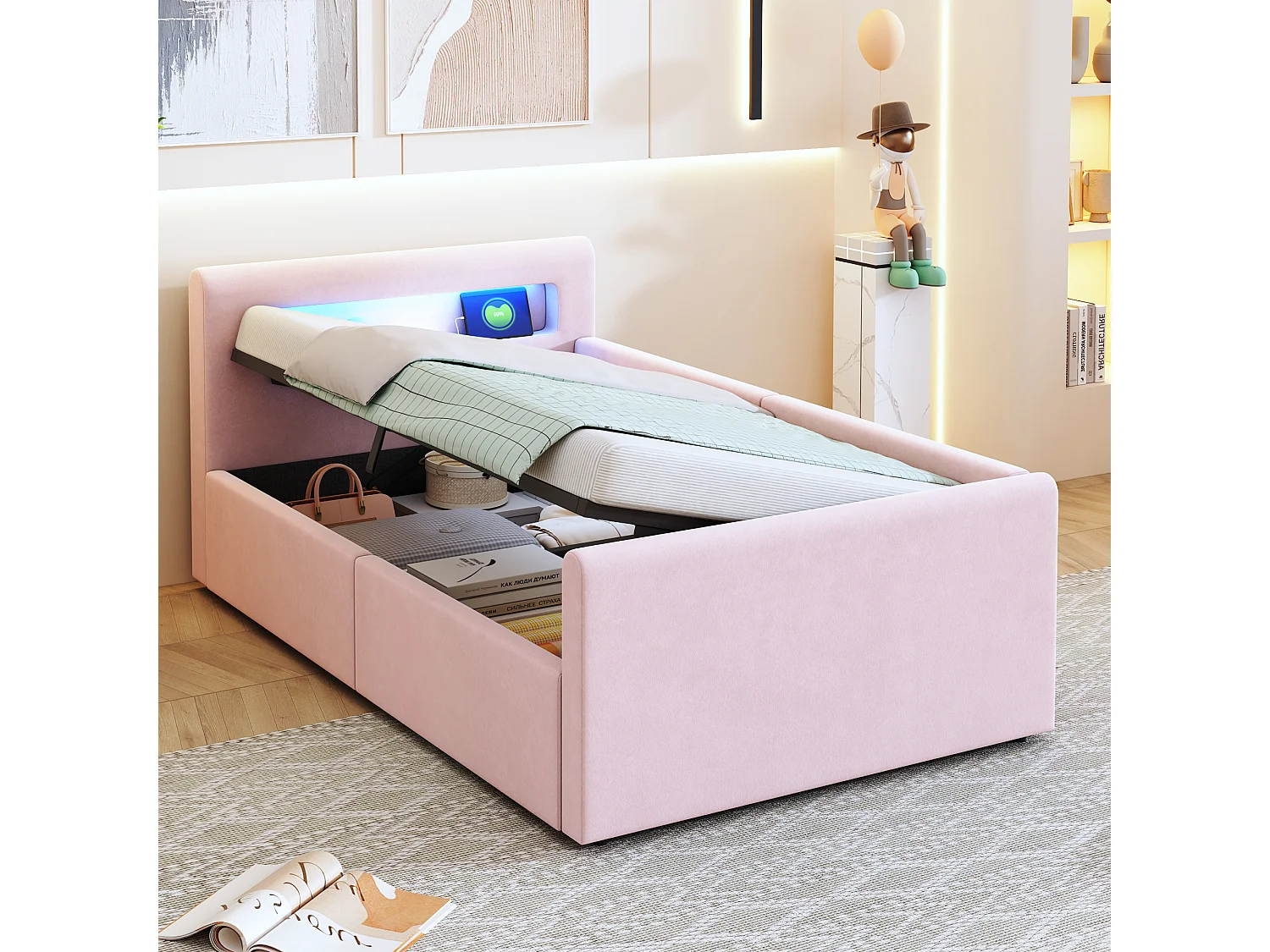 Lit coffre 90x200cm - avec éclairage LED - avec port de charge USB - avec étagères - velours - rose (matelas non inclus)