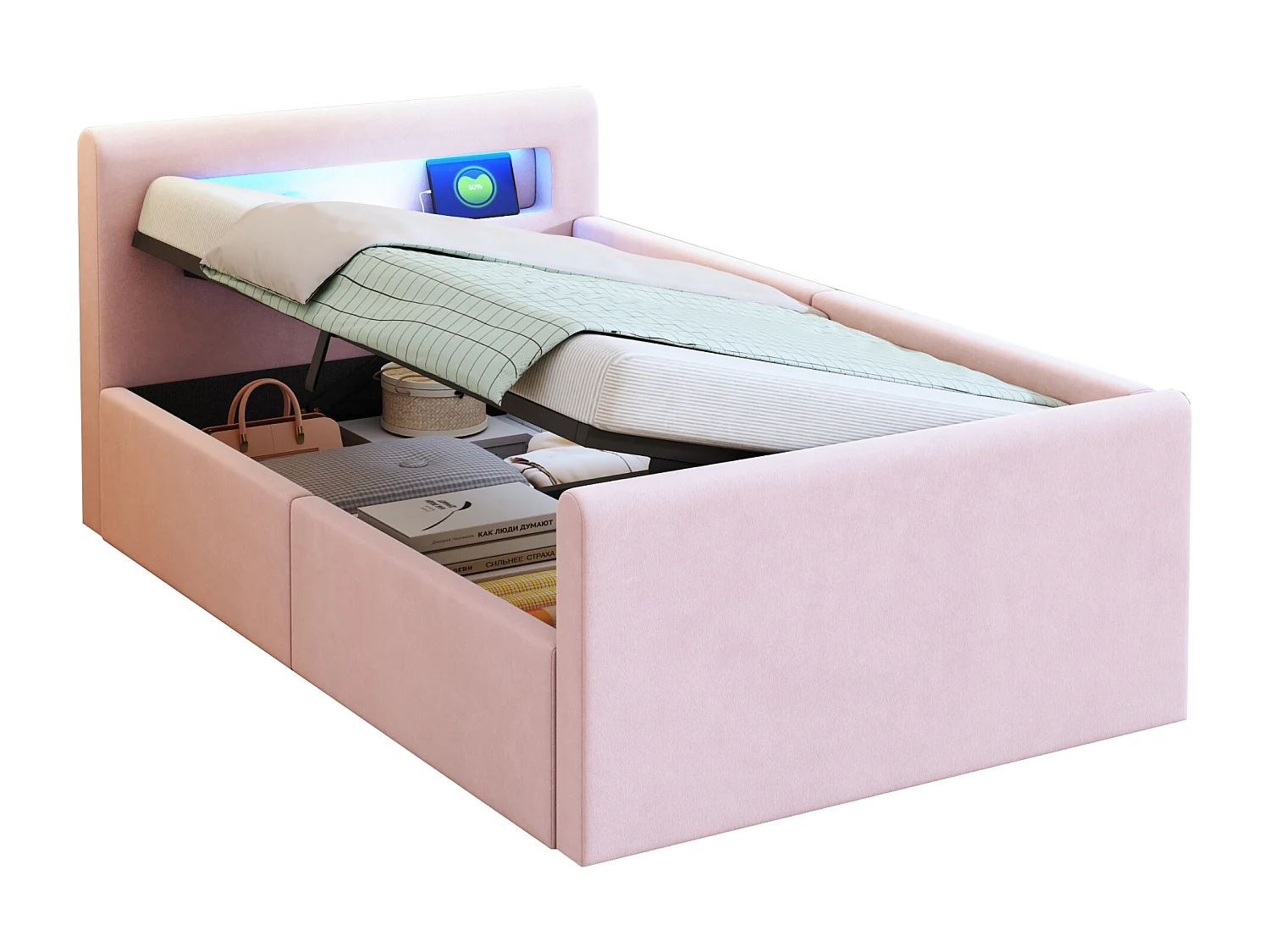 Lit coffre 90x200cm - avec éclairage LED - avec port de charge USB - avec étagères - velours - rose (matelas non inclus)