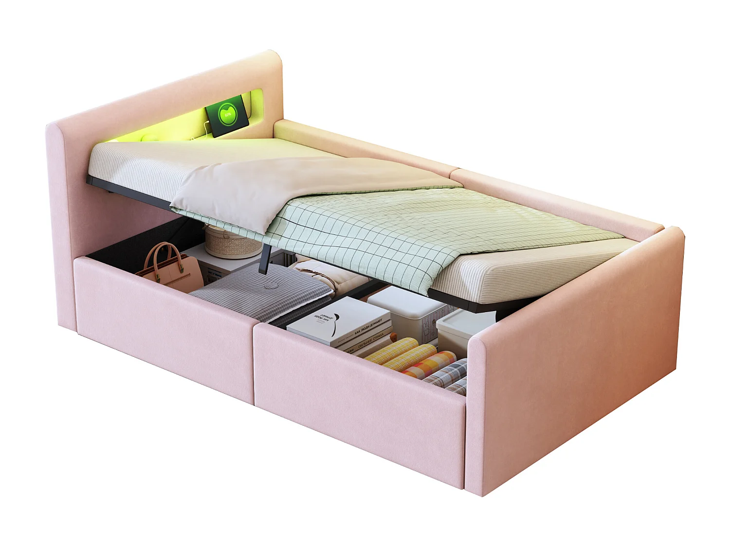 Lit coffre 90x200cm - avec éclairage LED - avec port de charge USB - avec étagères - velours - rose (matelas non inclus)
