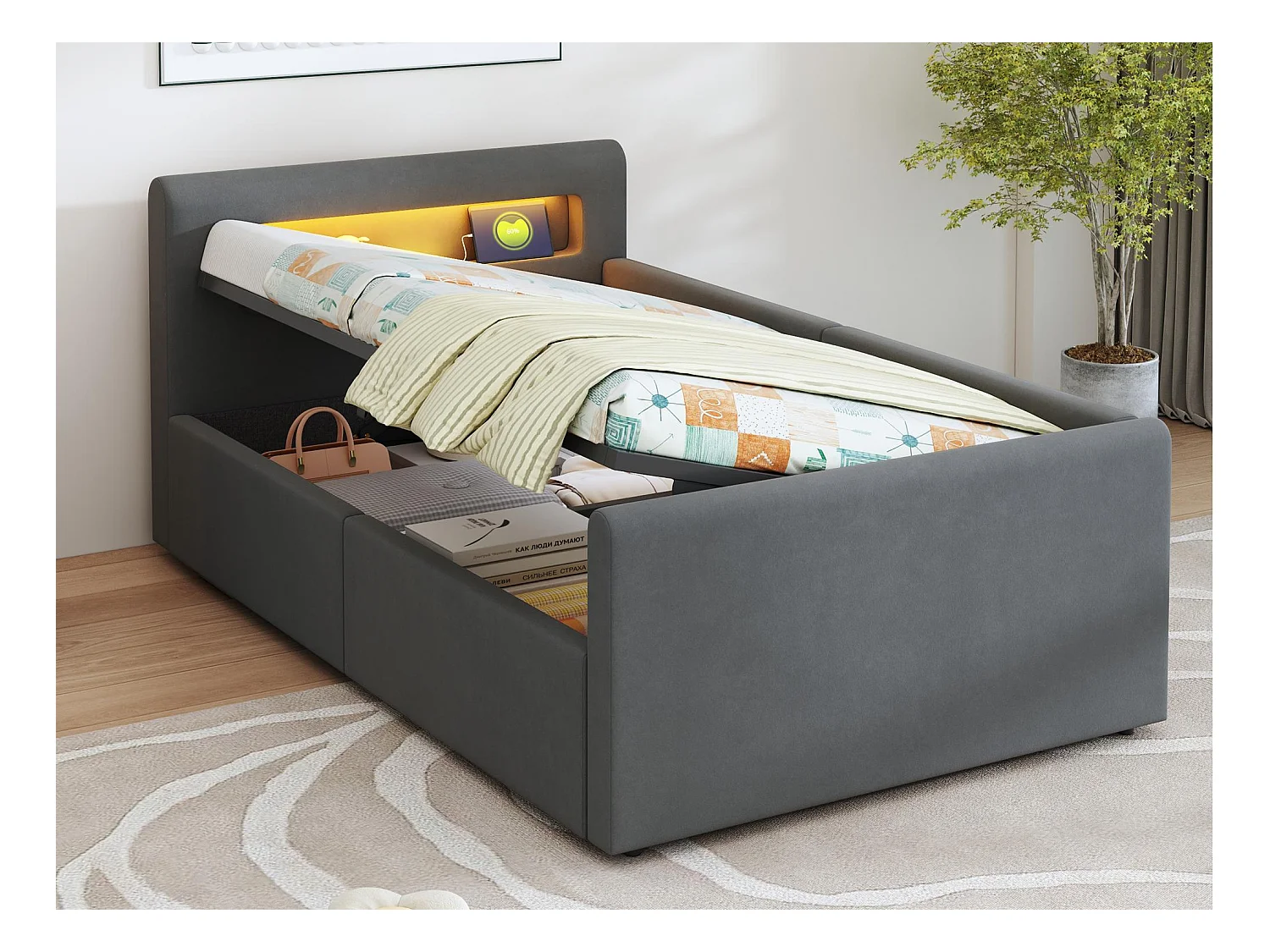 Cama com baú 90×200 cm - com iluminação LED - com porta USB de carregamento - com prateleiras - veludo - cinza escuro (colchão não incluído)