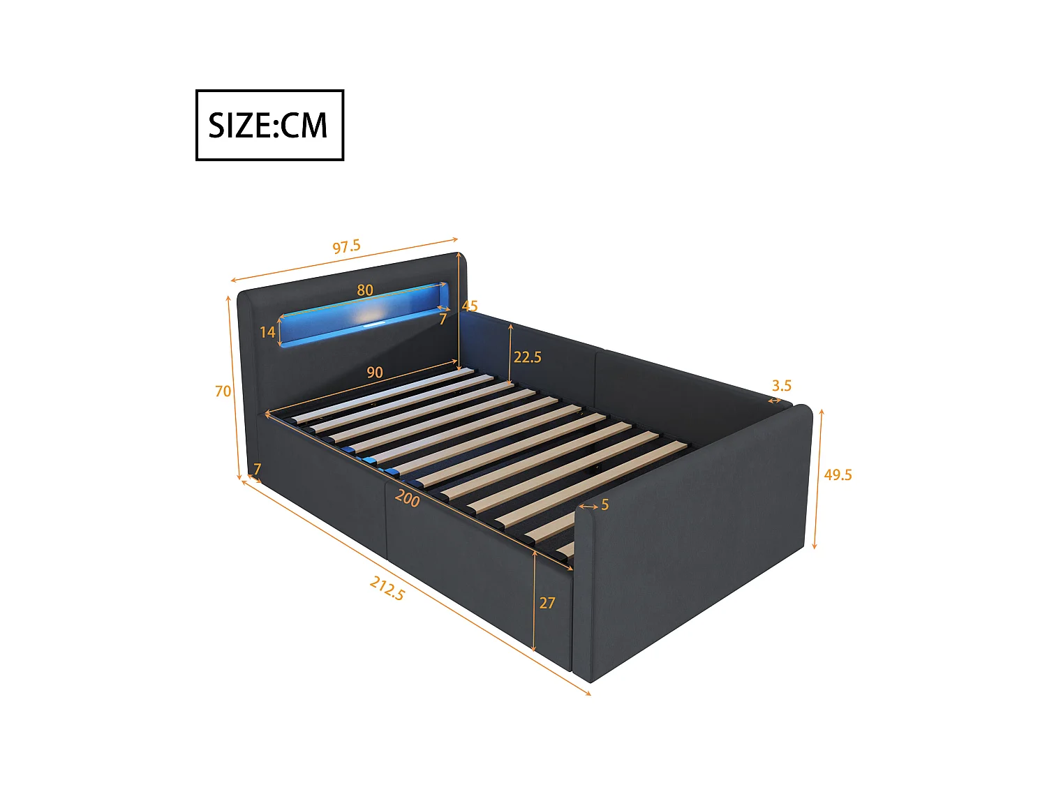 Cama com baú 90×200 cm - com iluminação LED - com porta USB de carregamento - com prateleiras - veludo - cinza escuro (colchão não incluído)