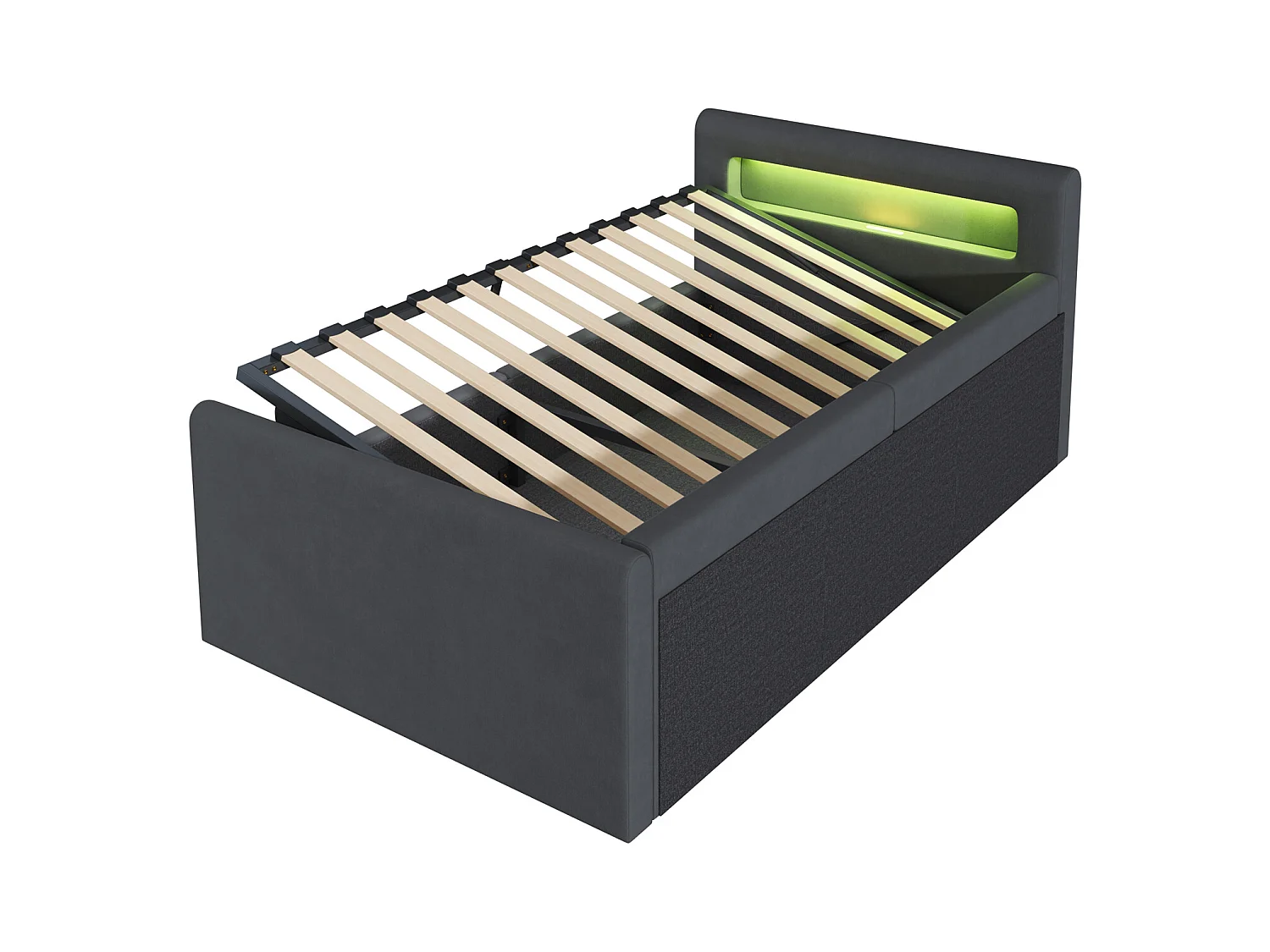 Cama com baú 90×200 cm - com iluminação LED - com porta USB de carregamento - com prateleiras - veludo - cinza escuro (colchão não incluído)