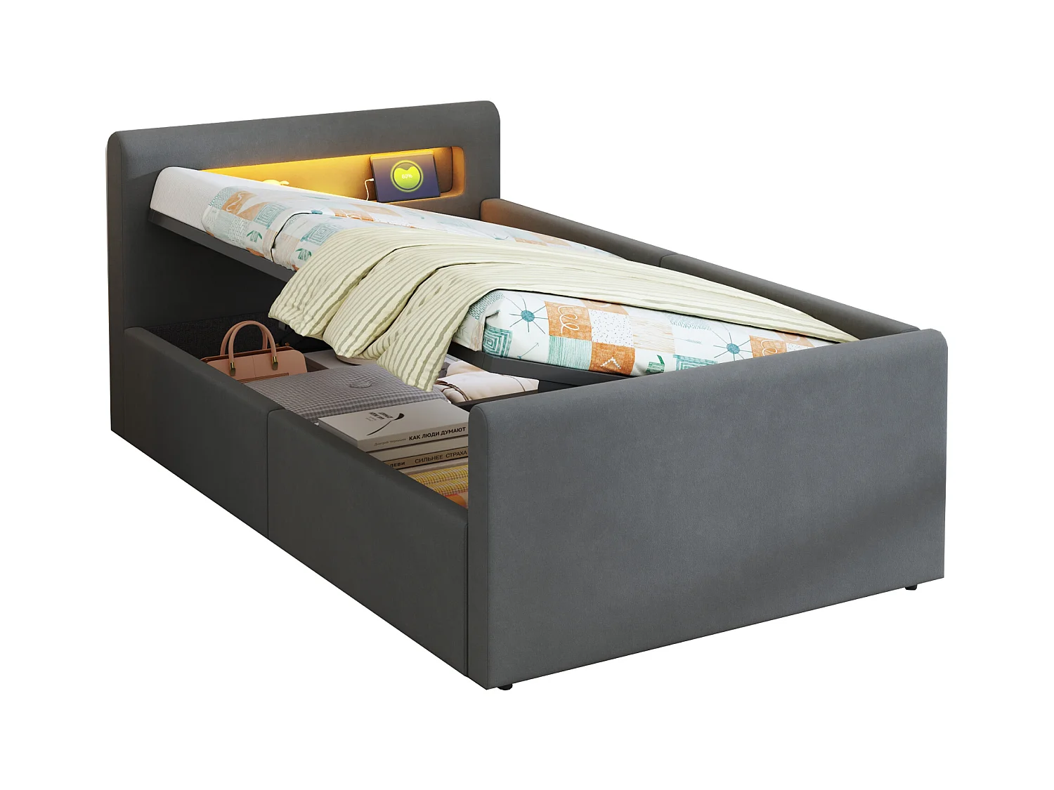 Cama com baú 90×200 cm - com iluminação LED - com porta USB de carregamento - com prateleiras - veludo - cinza escuro (colchão não incluído)