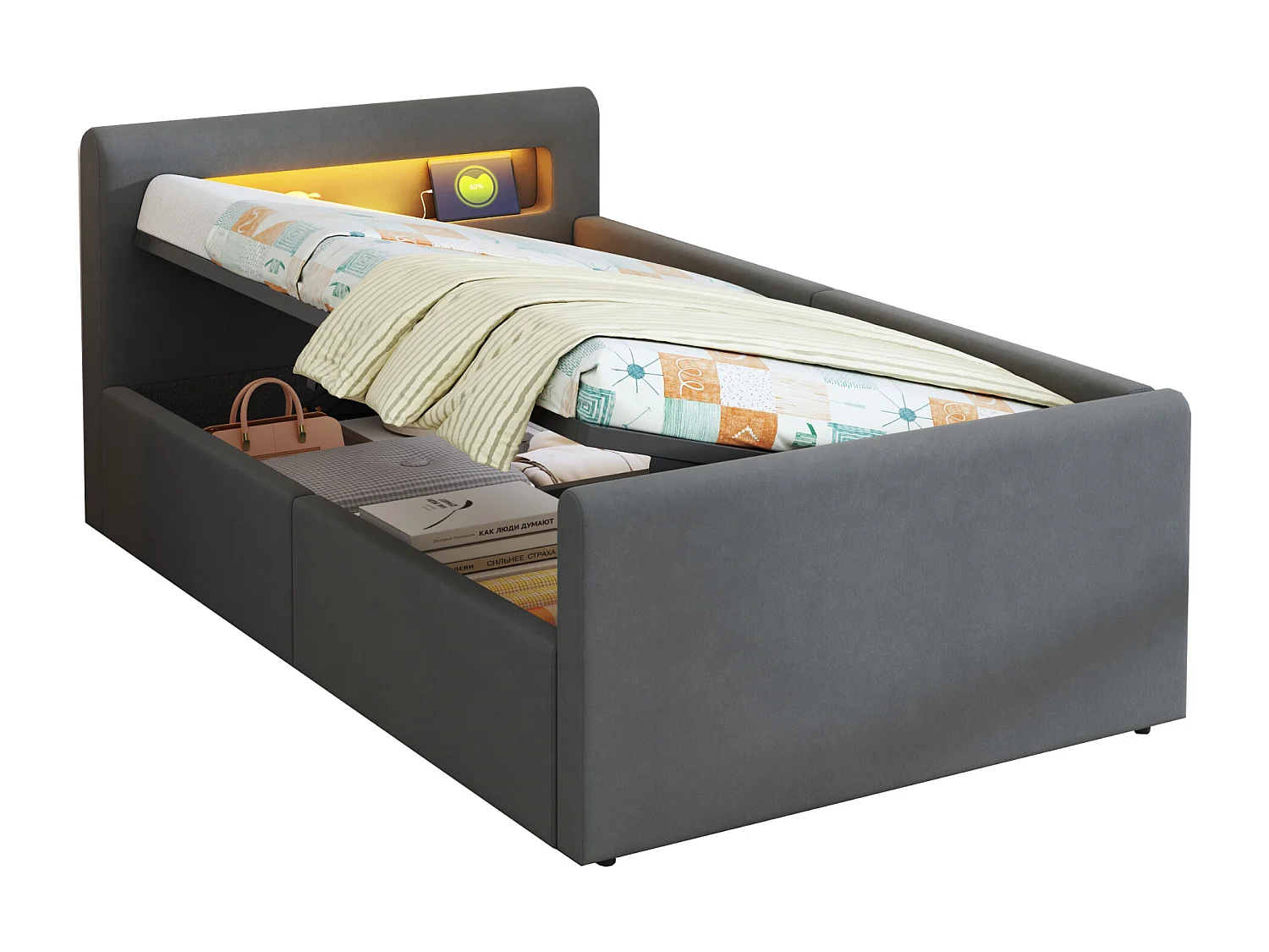 Stauraumbett 90×200 cm - mit LED-Beleuchtung - mit USB-Ladeanschluss - mit Regalen - Samt - dunkelgrau (Matratze nicht enthalten)