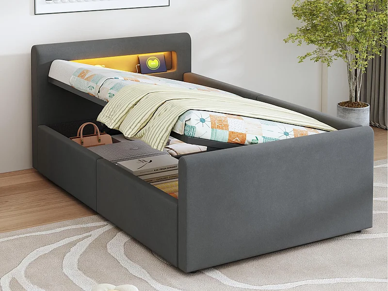 Lit coffre 90x200cm - avec éclairage LED - avec port de charge USB - avec étagères - velours - gris foncé (matelas non inclus)